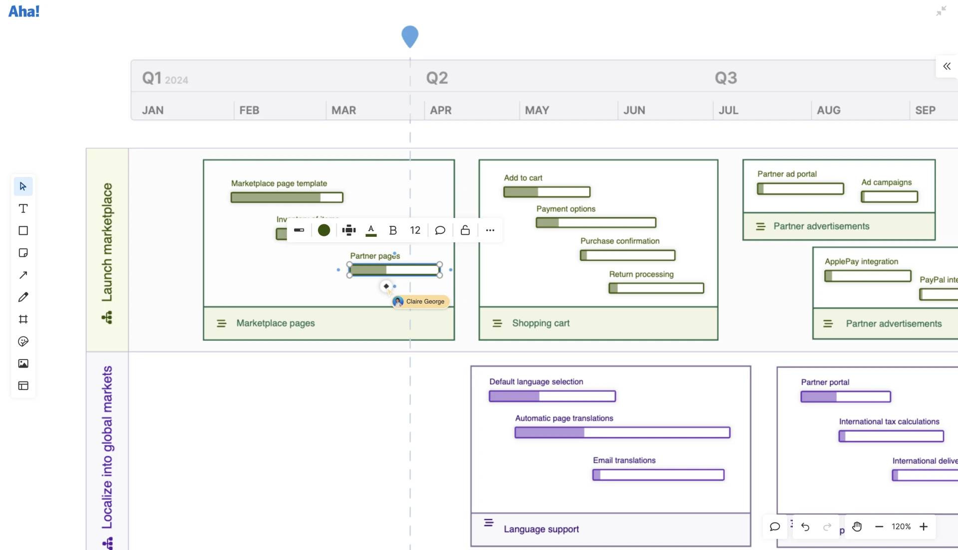 A roadmap created in Aha! Whiteboards with visible progress bars