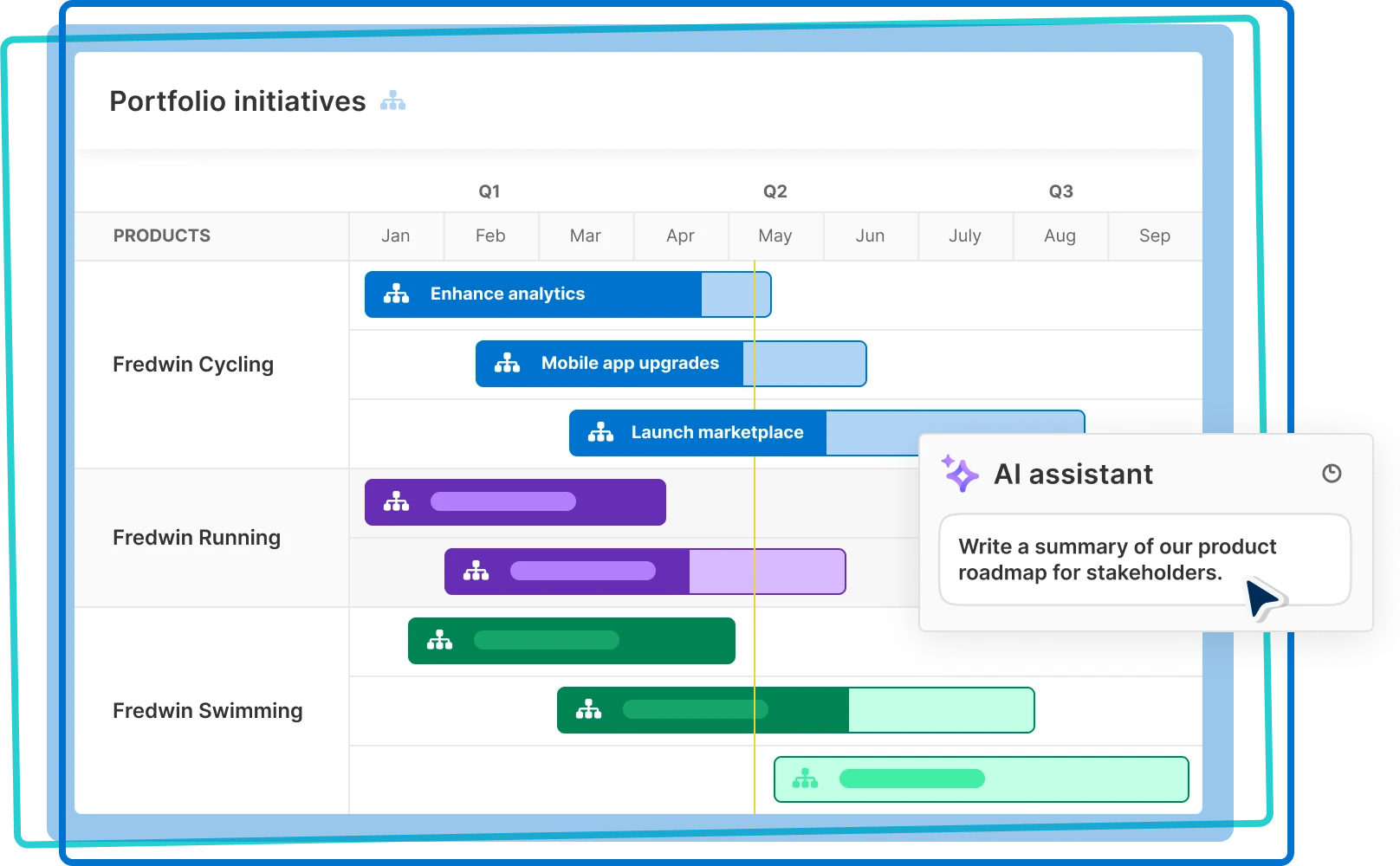 An image of a portfolio roadmap in Aha! roadmap software where you can create beautiful roadmaps