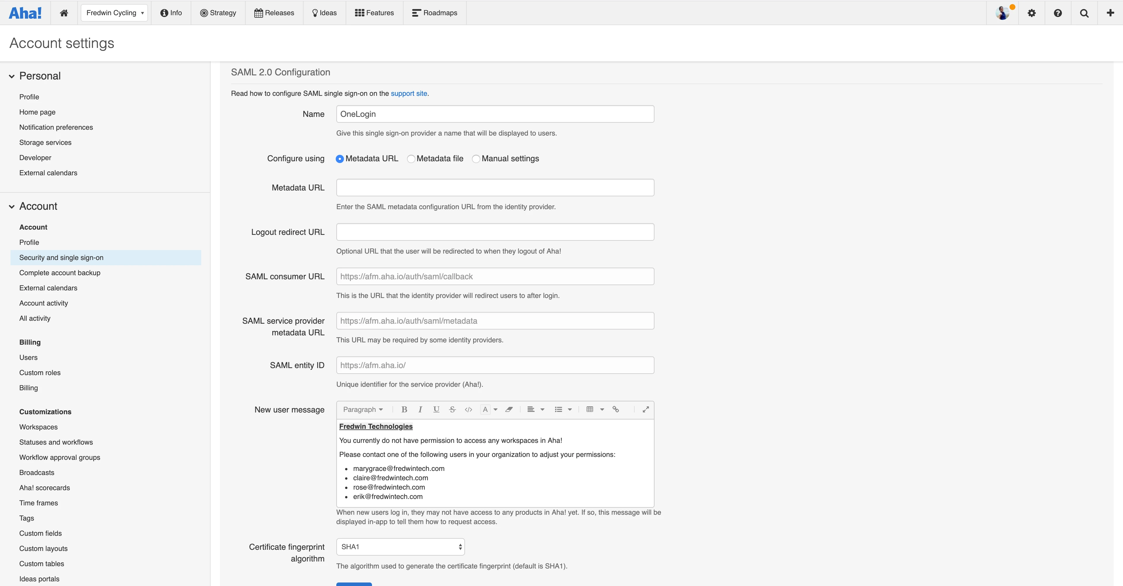 Enable the SSO connection in your Aha! account settings.