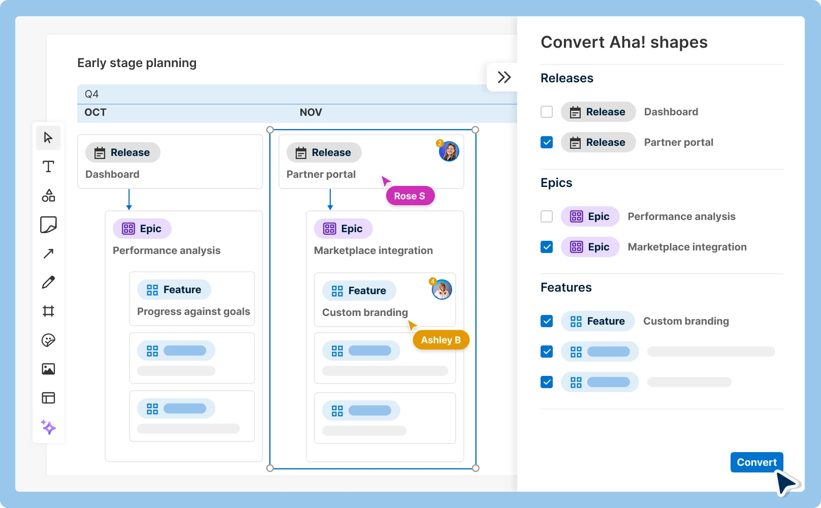 An image of AI writing assistant and whiteboards in Aha! roadmaps software to spark product innovation