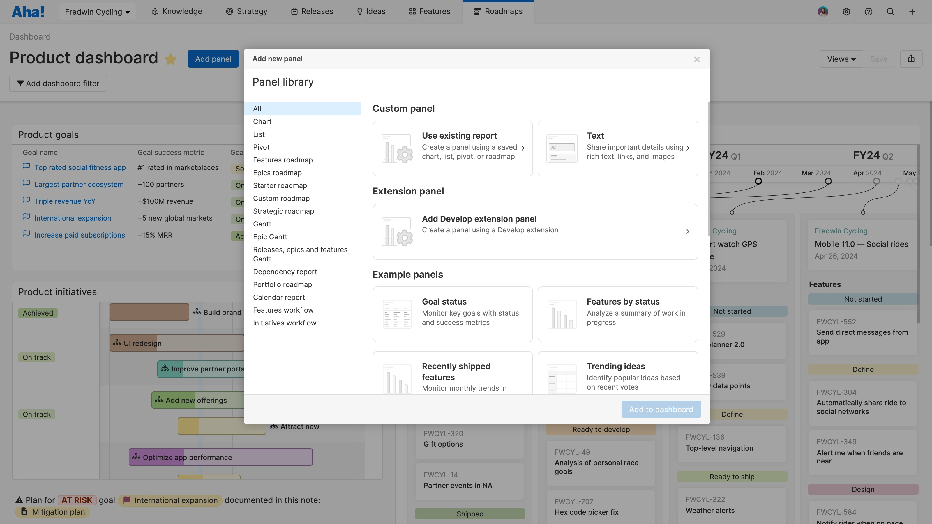 Add a new panel to a features overview dashboard in Aha! Roadmap