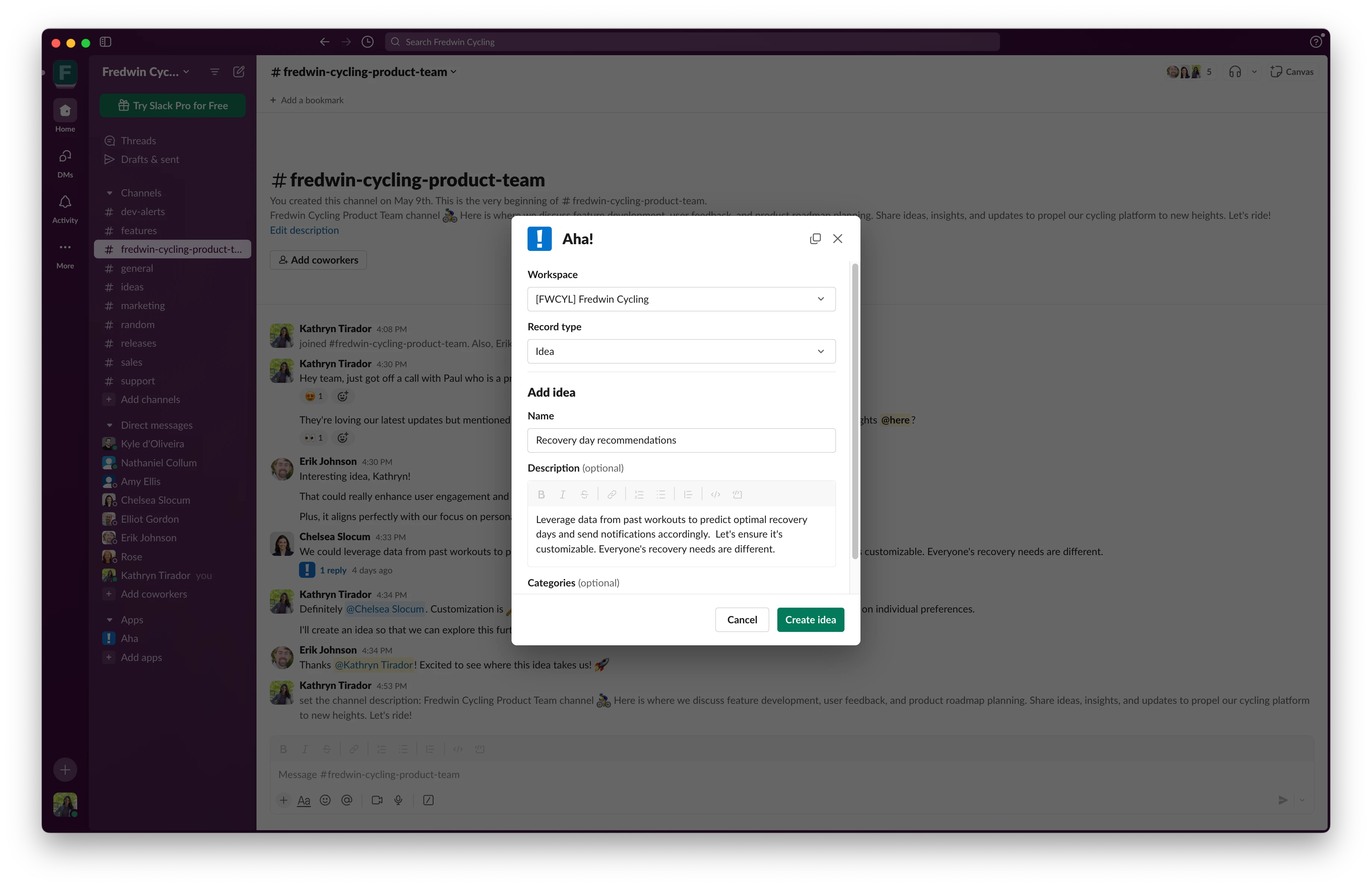 Create an idea for Aha! Roadmaps or Aha! Ideas right from Slack