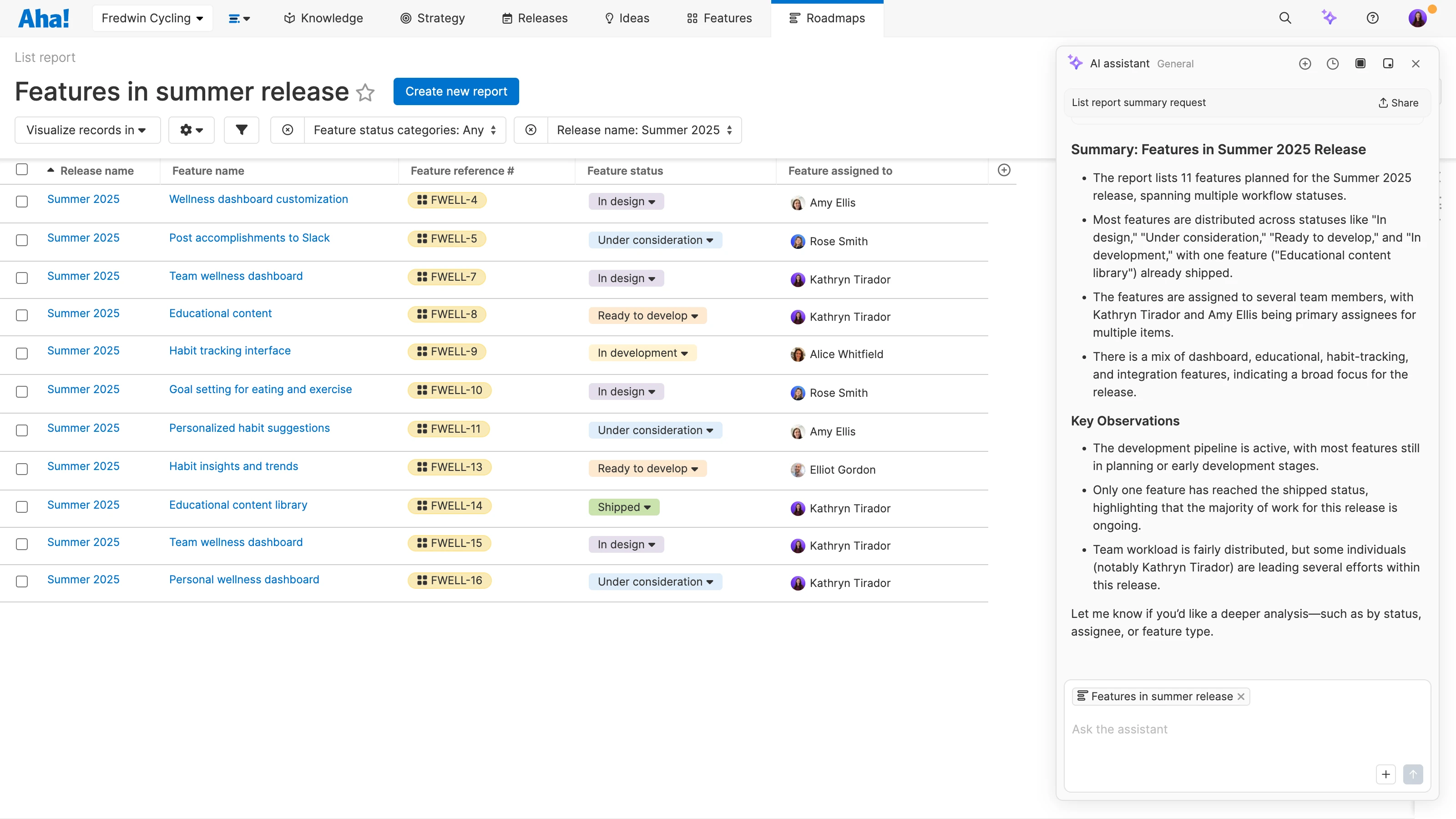 AI assistant analyzing a list report in Aha! Roadmaps