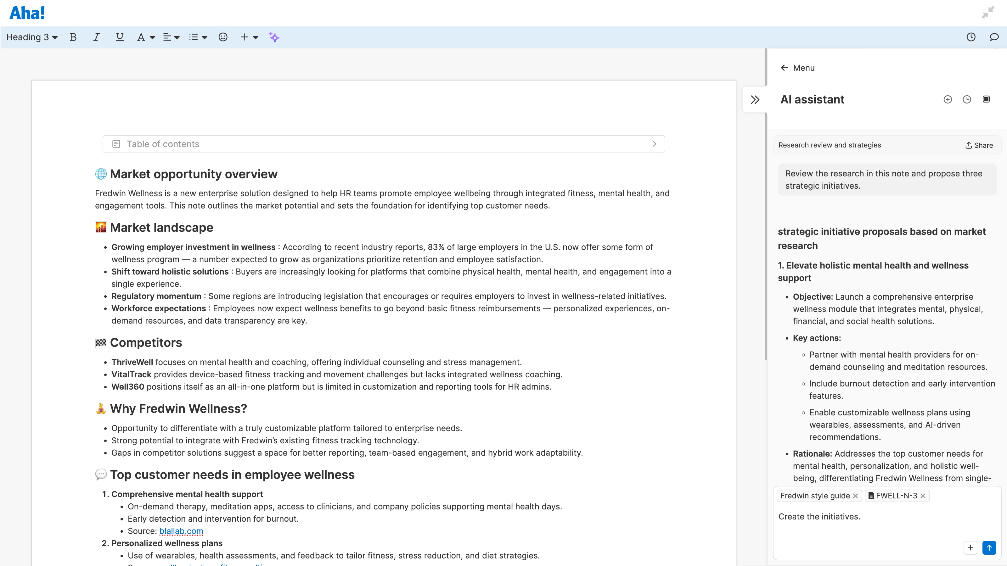 AI assistant for market research in Aha! Roadmaps