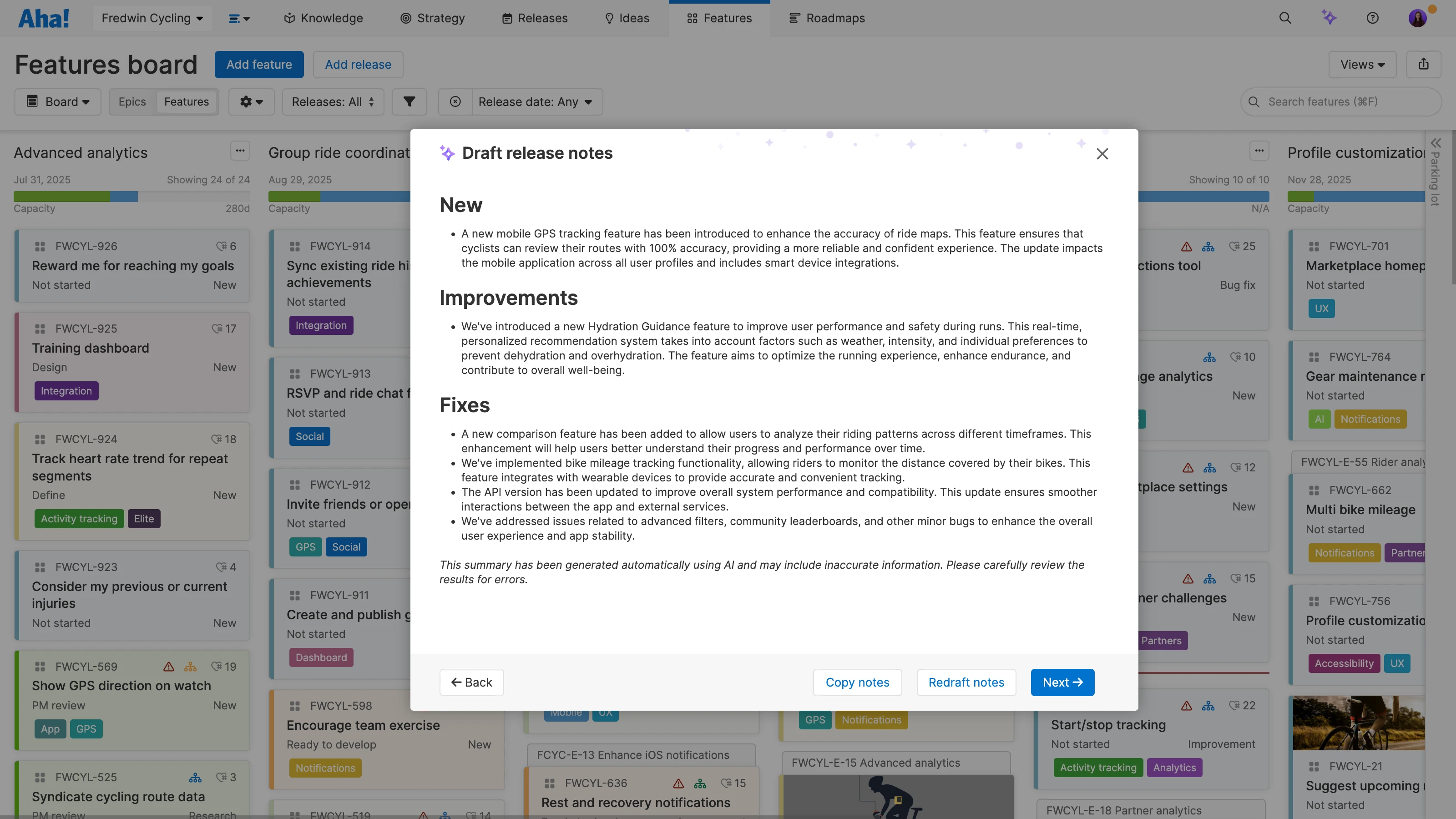 AI drafted release notes in Aha! Roadmaps