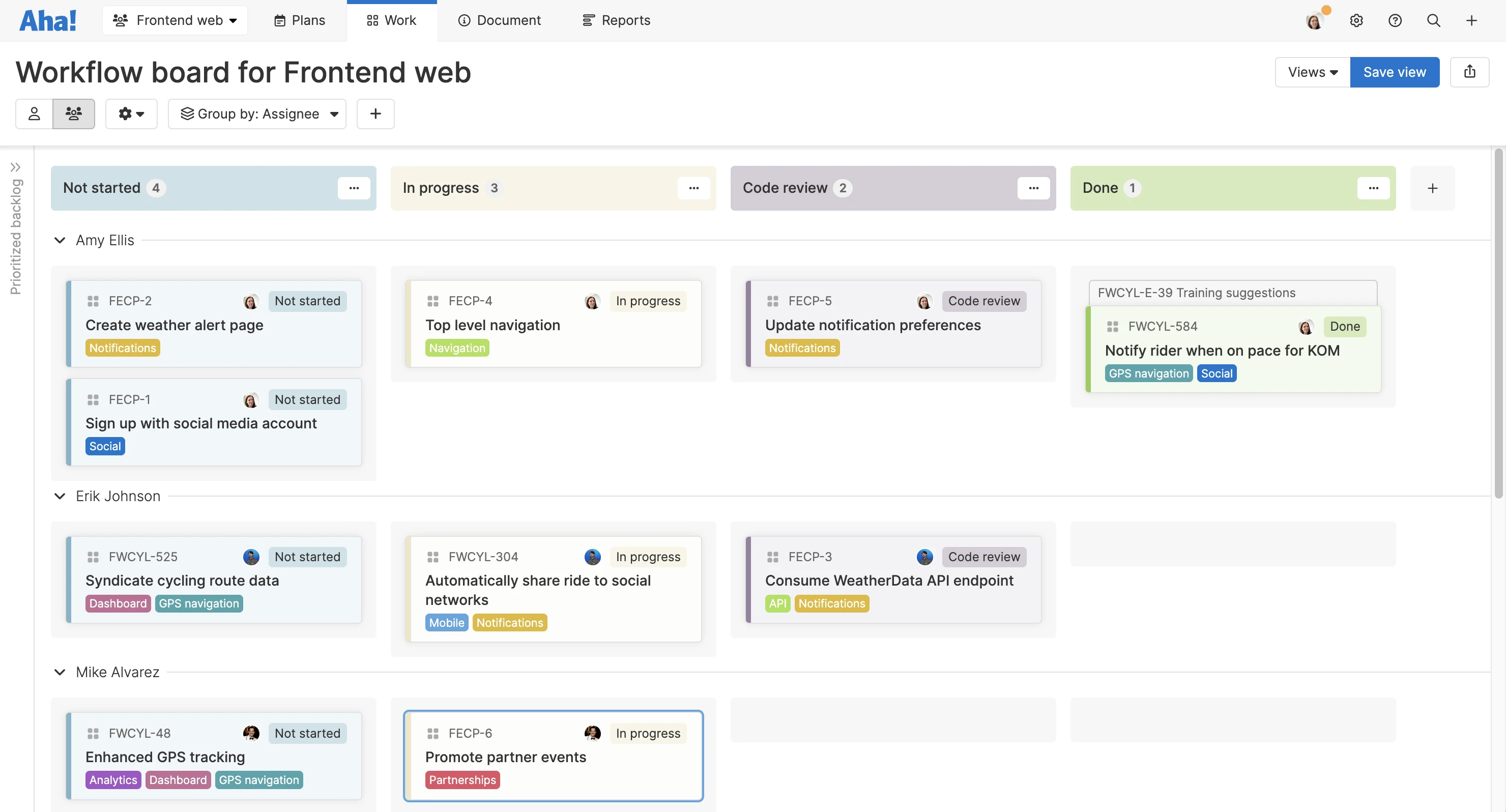 A kanban-style workflow board in Aha! Develop with swimlanes