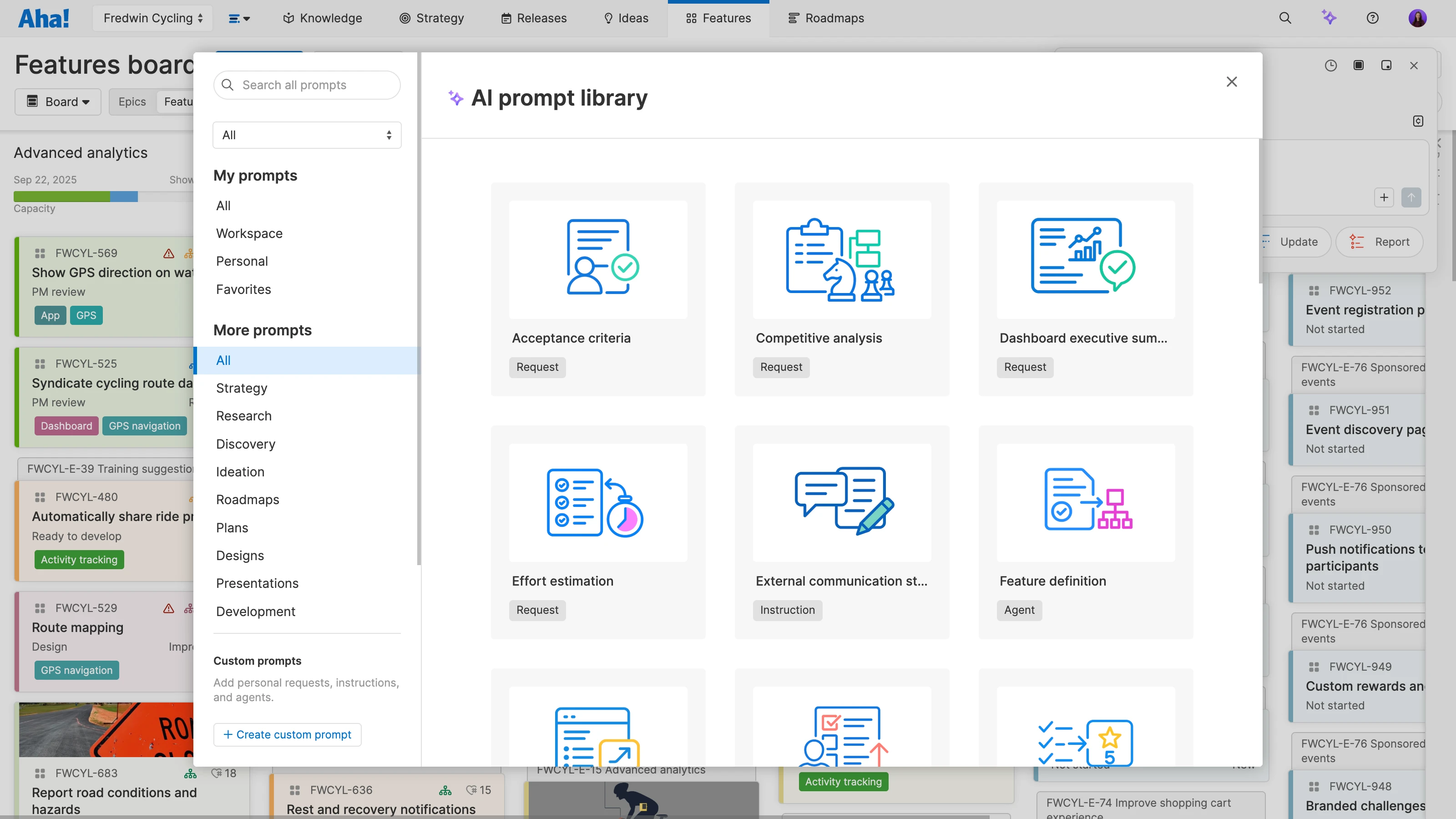 AI prompt library in Aha! Roadmaps