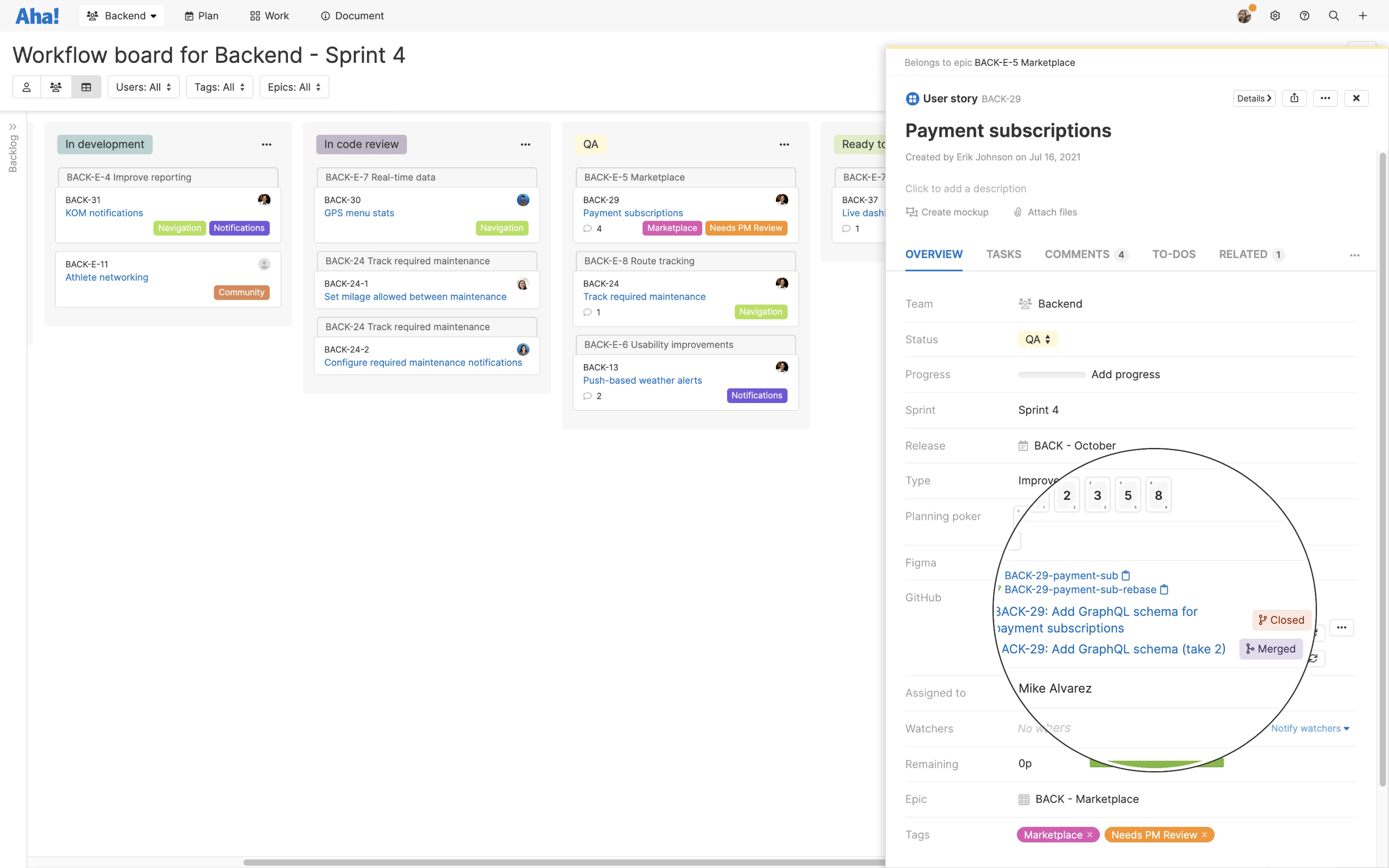 View the status of your pull requests right on the user story card in Aha! Develop