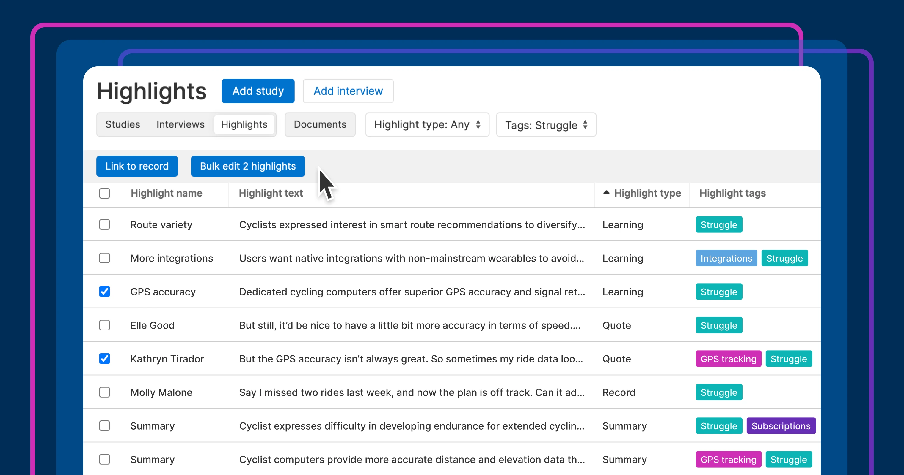 Report on interview highlights and tags in Aha! Discovery