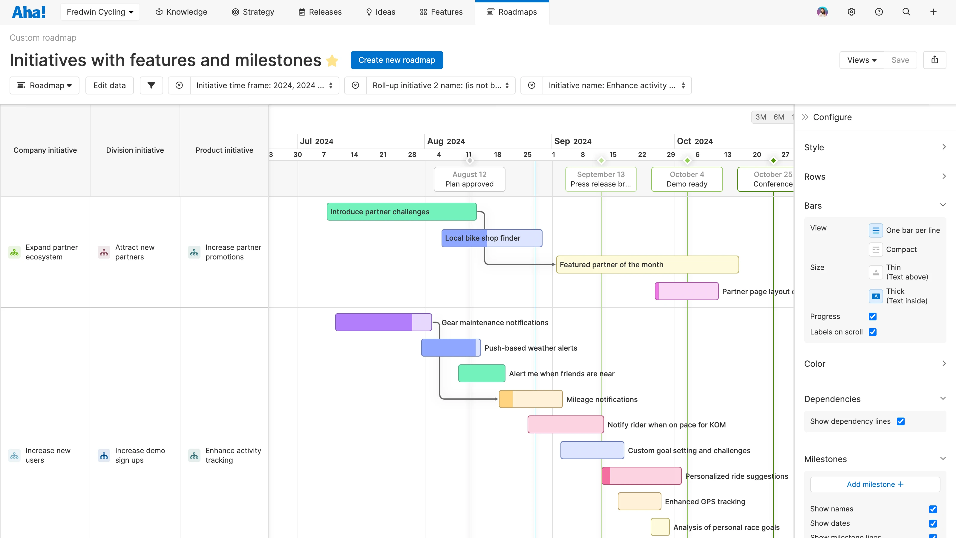 Custom roadmap with customize style modal in Aha! Roadmaps