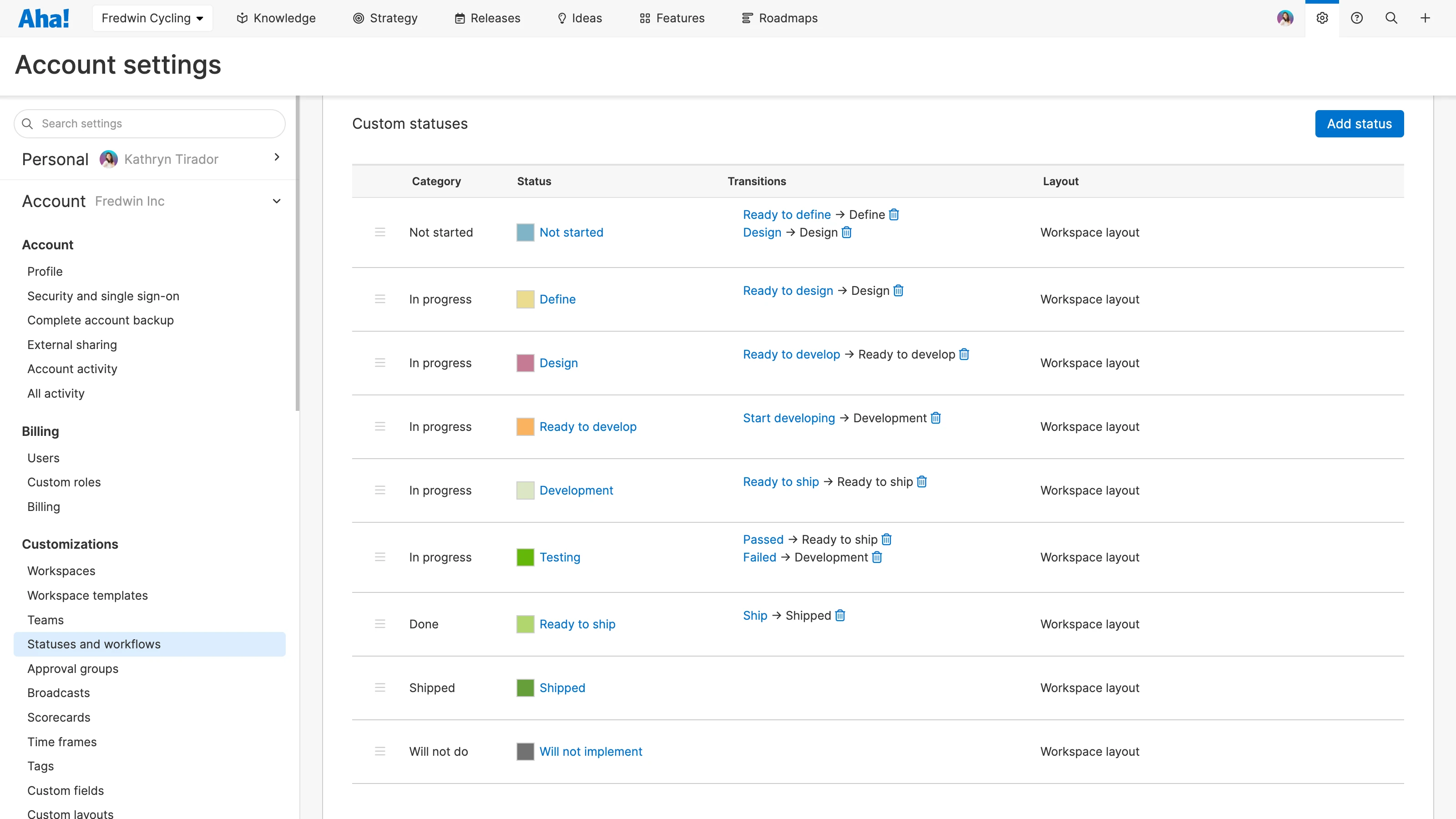 Custom statuses Aha! Roadmaps account settings