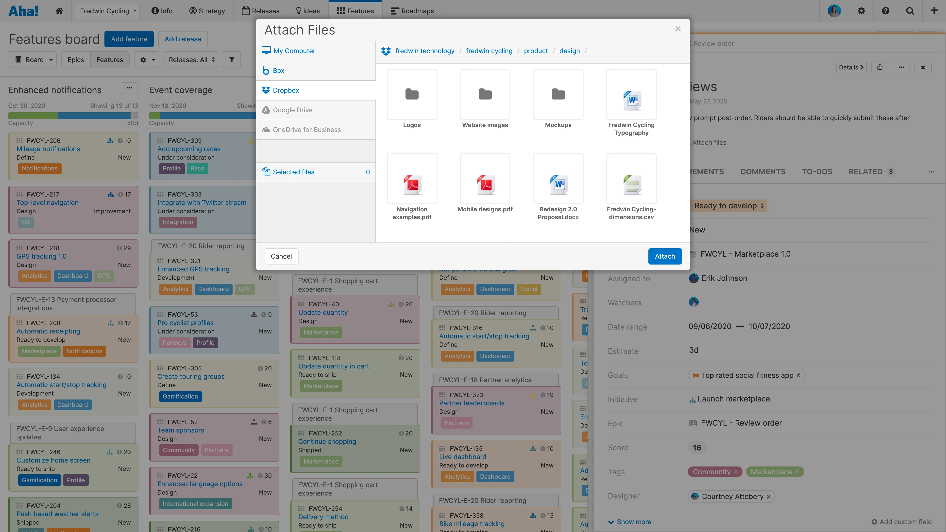 Dropbox will automatically appear in the Attach files modal unless disabled by your account administrator.