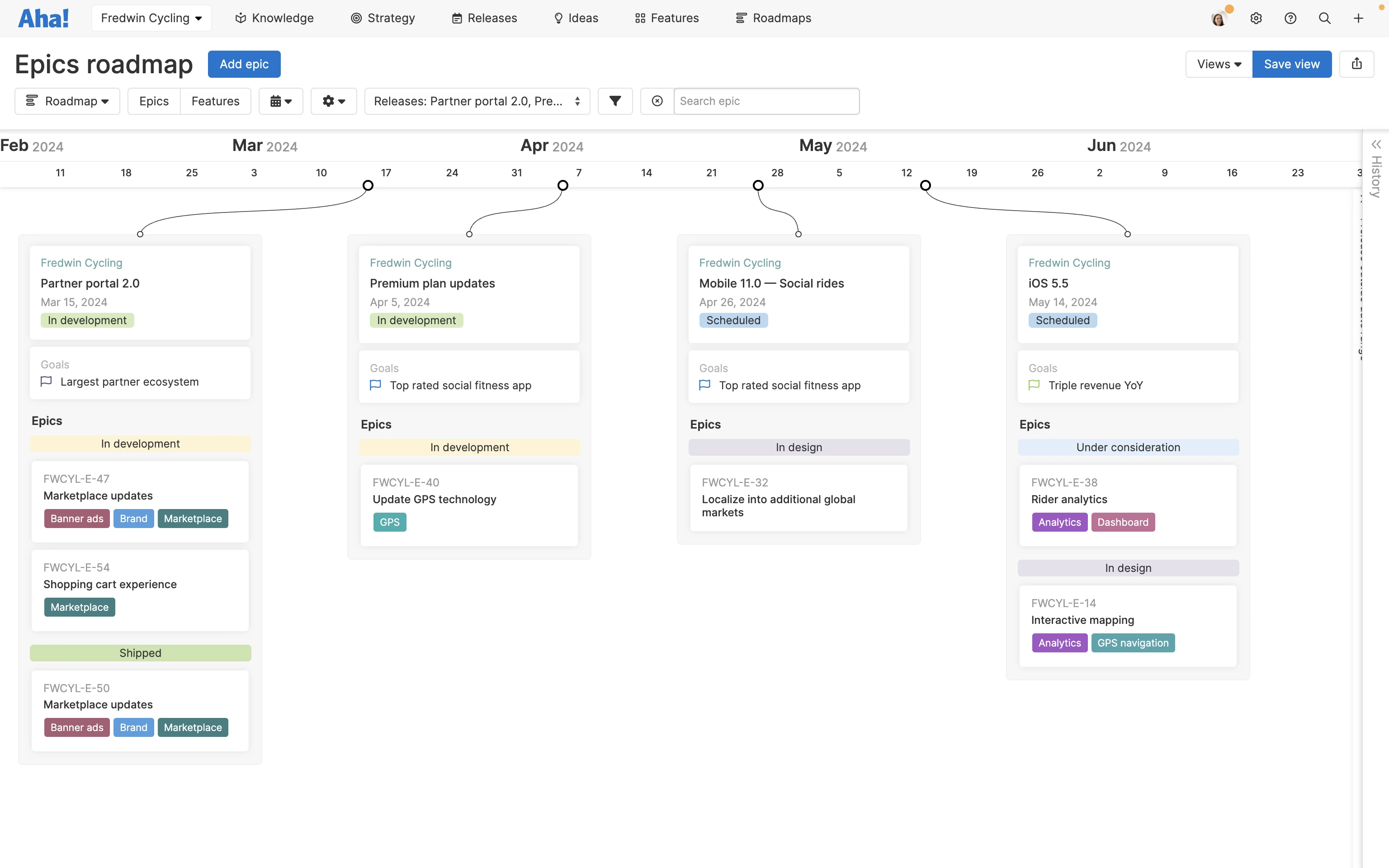 An example of an epics roadmap in Aha! software
