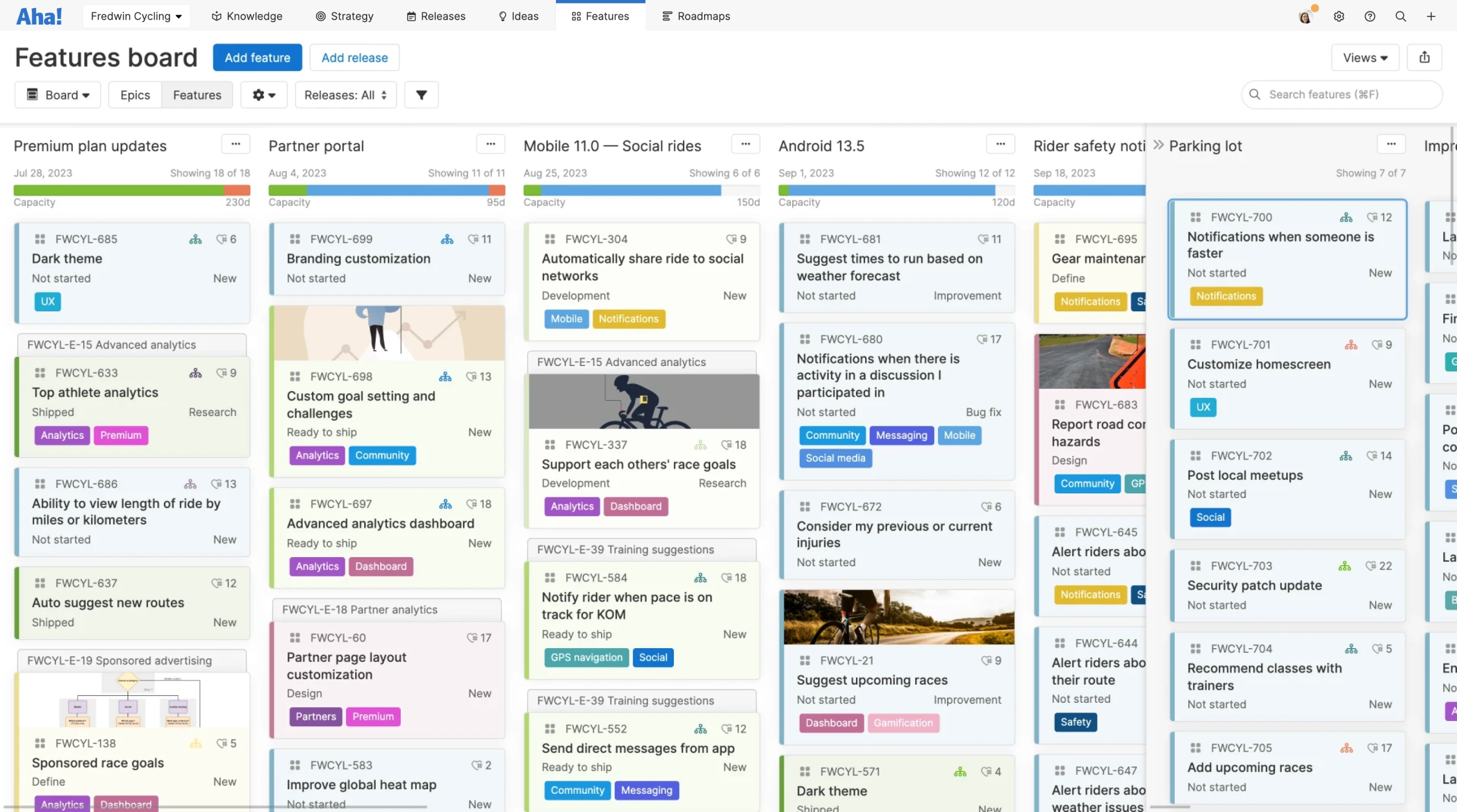 A features board showing all of the releases for a company called Fredwin Cycling in Aha! Roadmaps