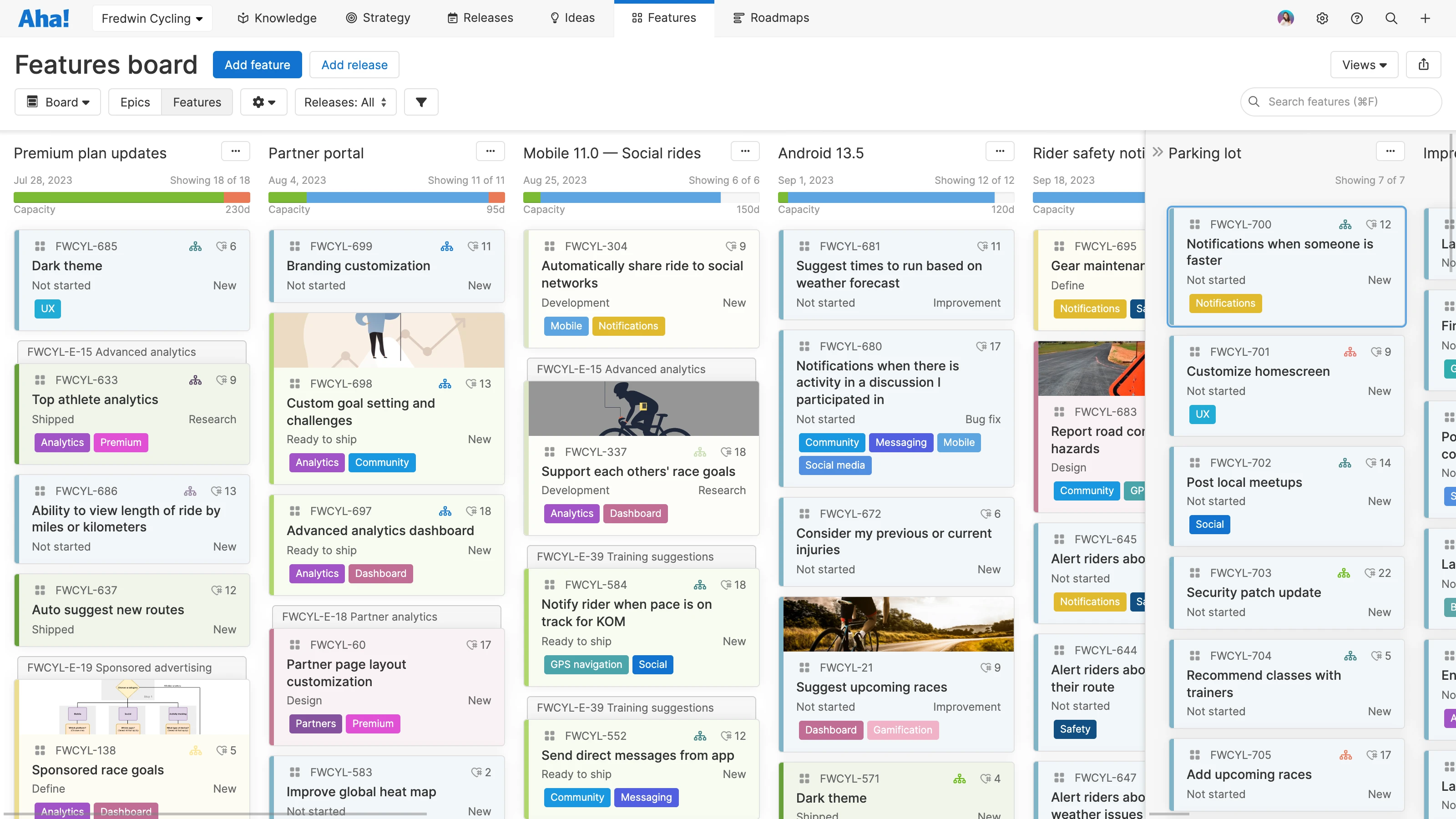 The features board with parking lots in Aha! Roadmaps