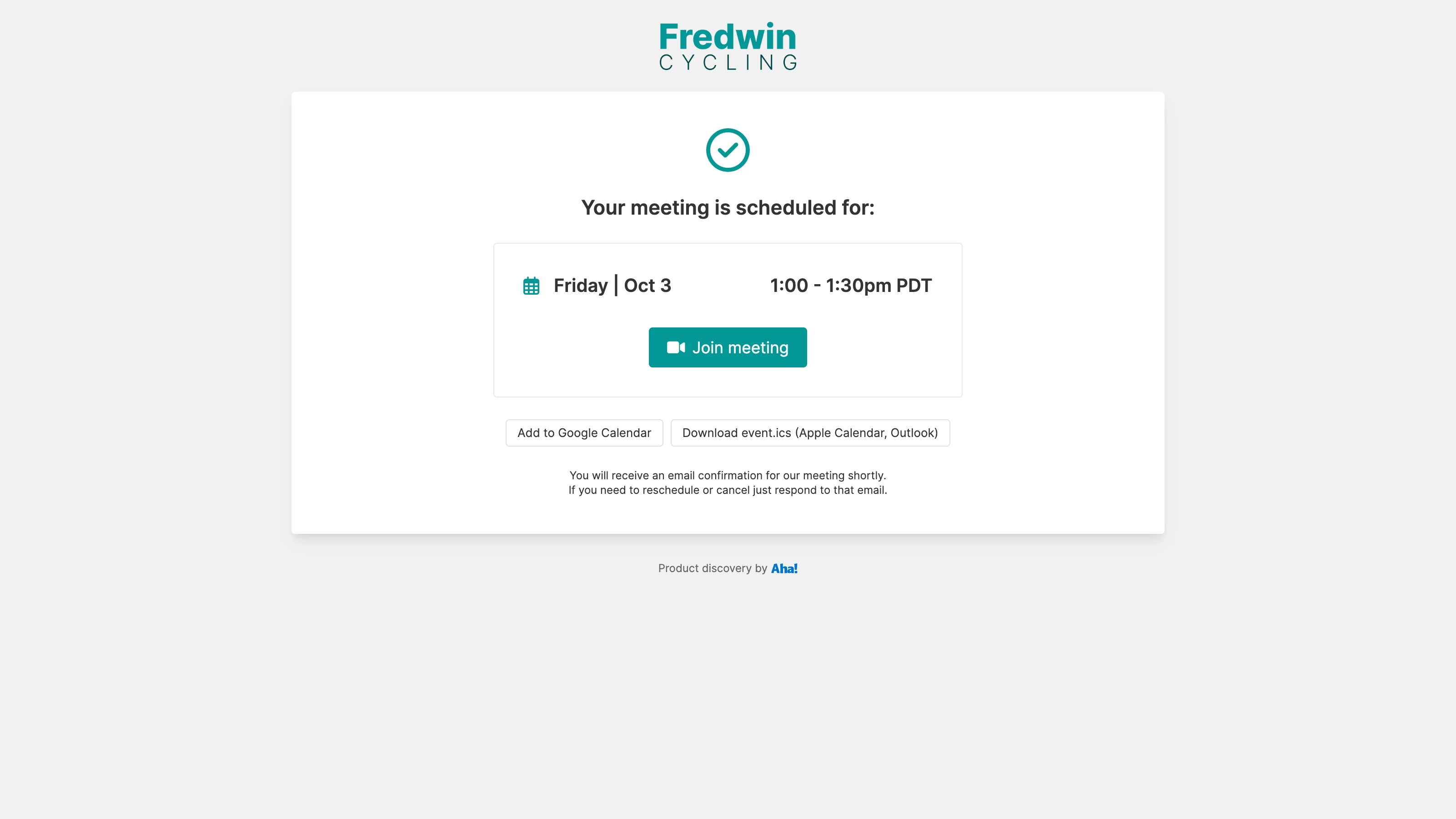 Aha! Discovery scheduling confirmation page