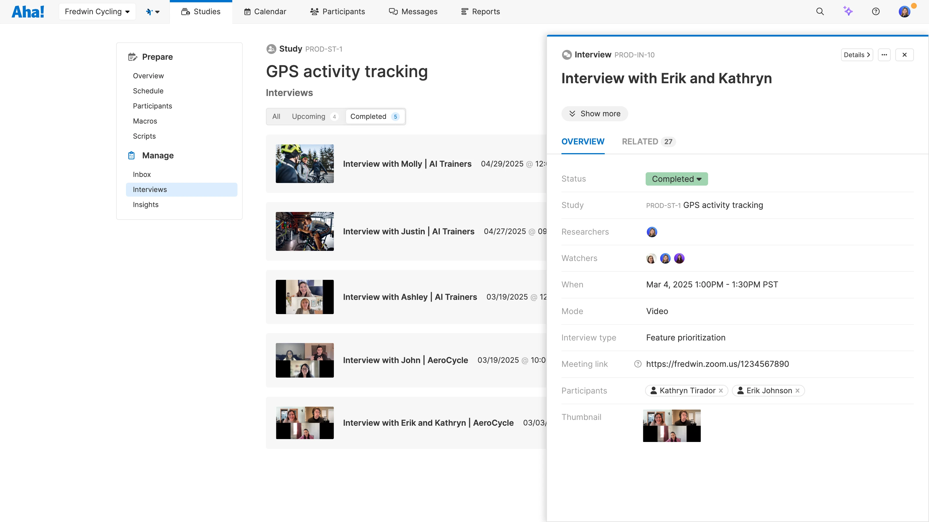 View all completed interviews on a study in Aha! Discovery