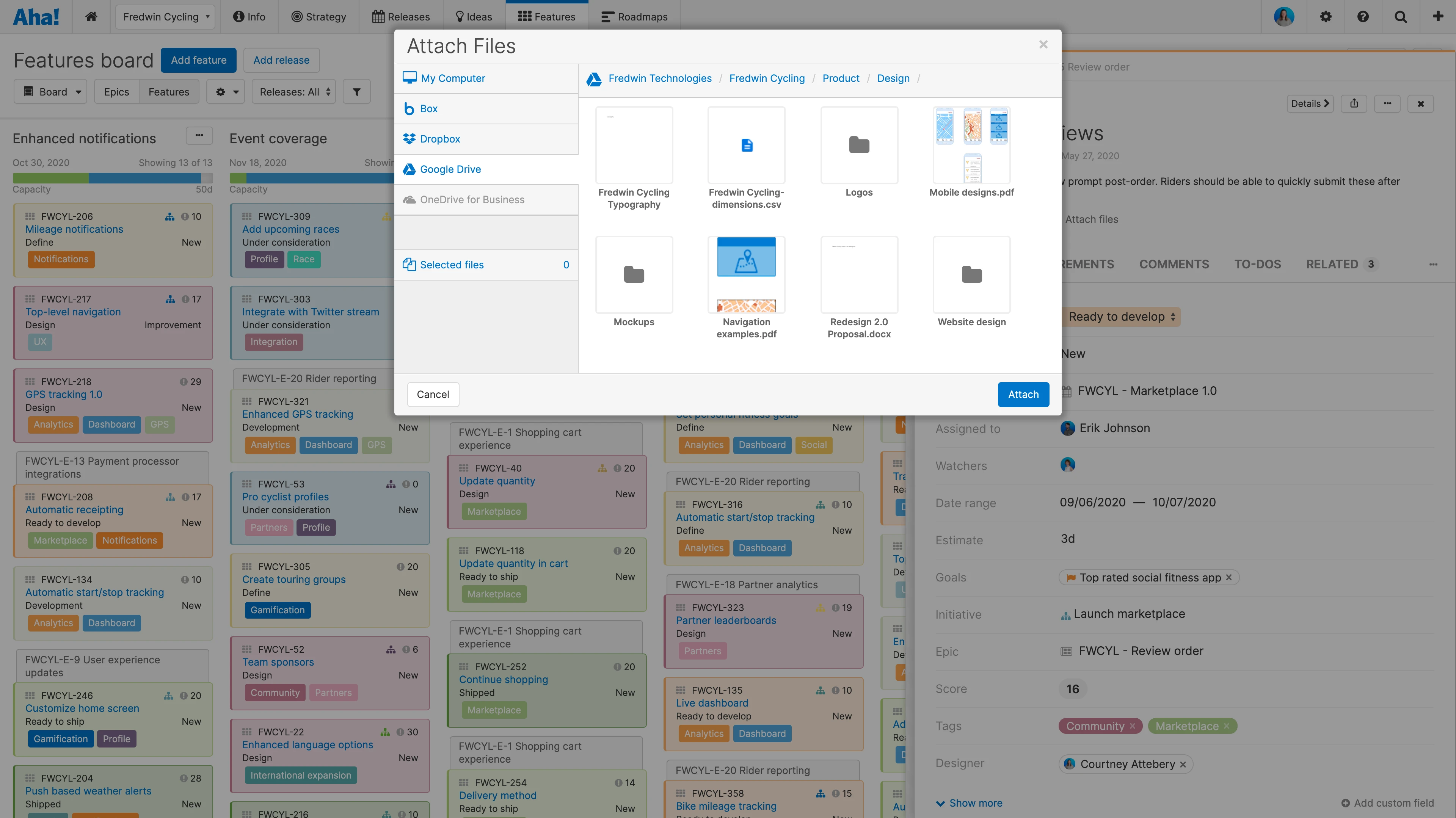 Google Drive will automatically appear in the Attach files modal unless disabled by your account administrator.