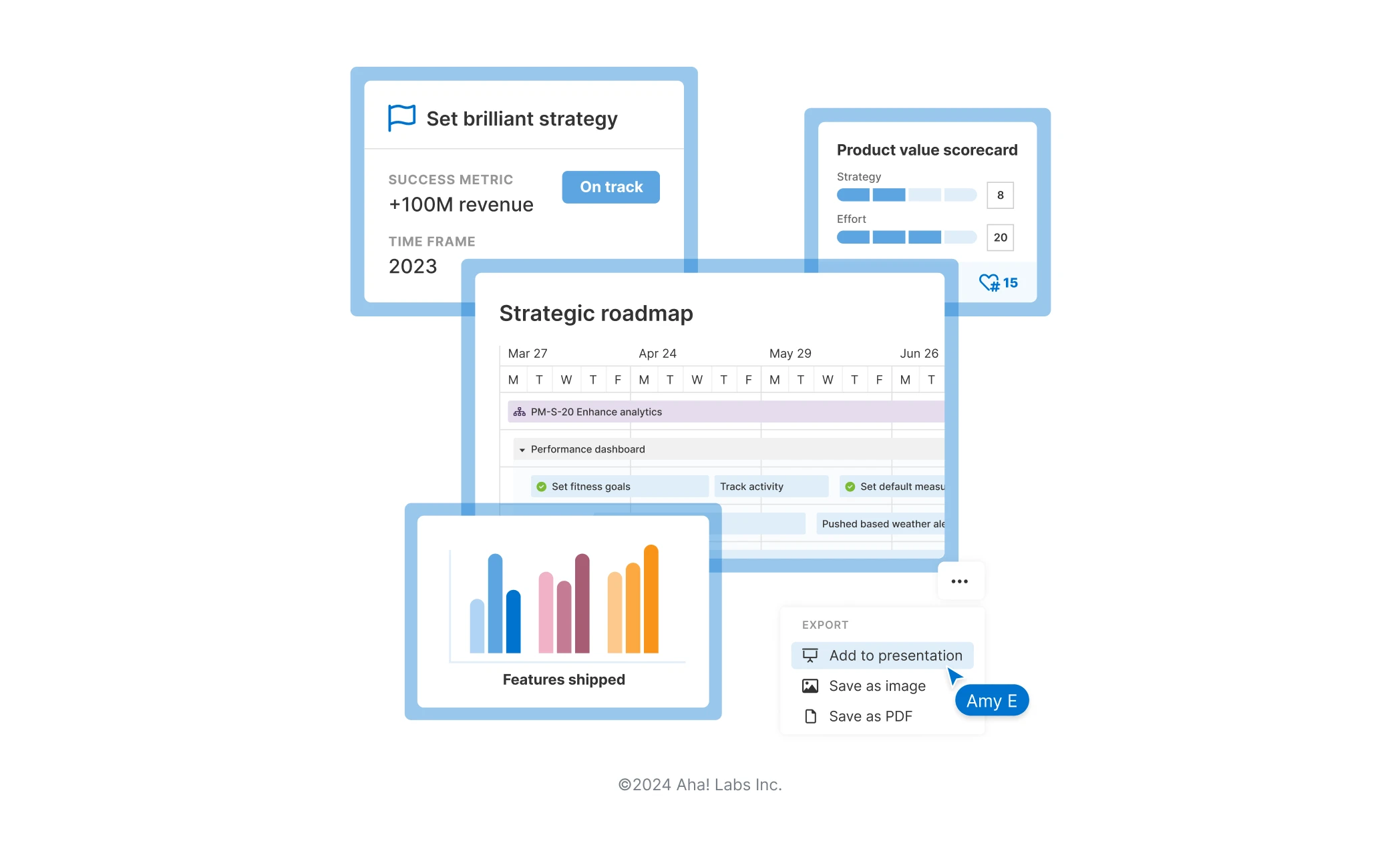A collage showing different capabilities in Aha! Roadmaps