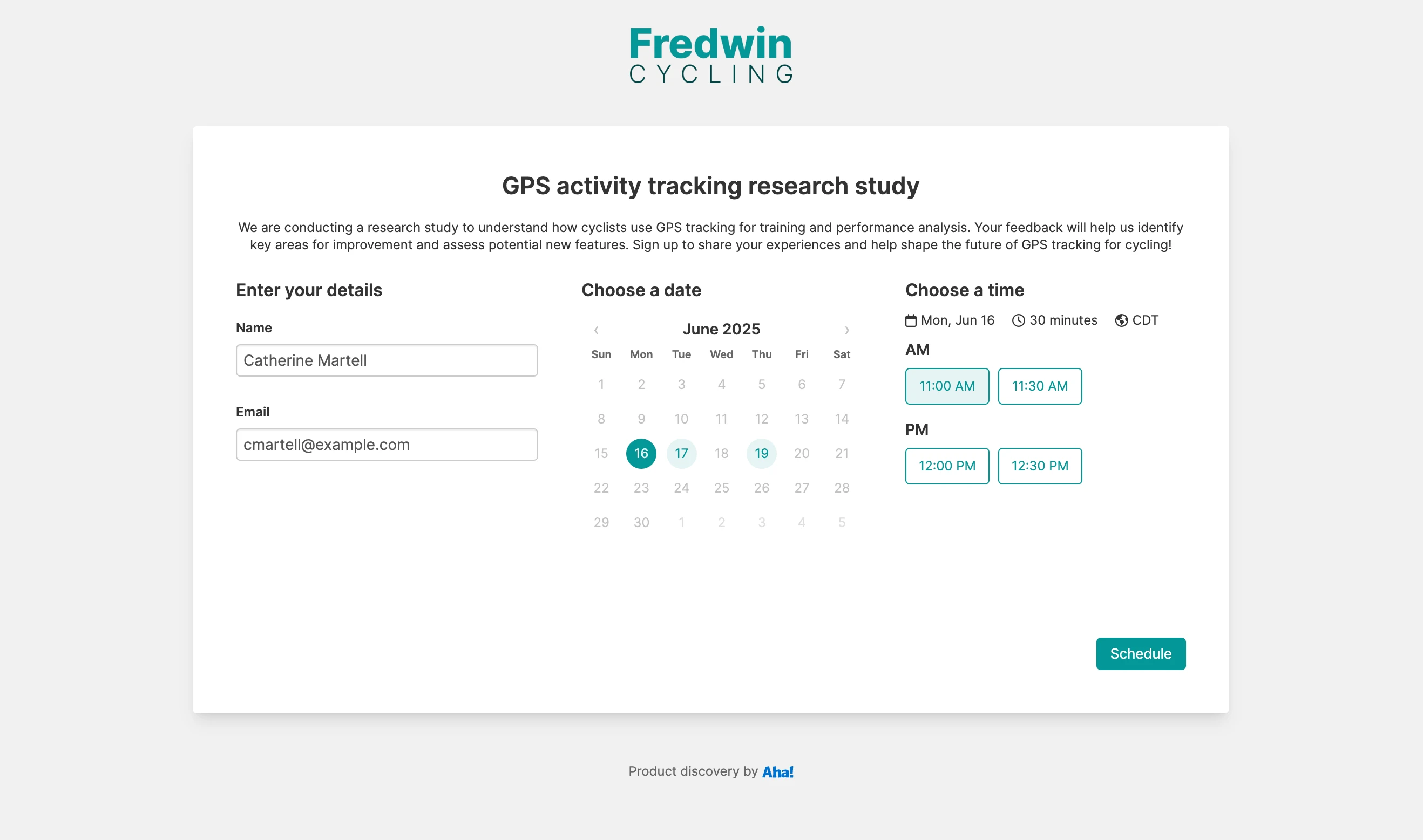 A scheduling page used for participants in Aha! Discovery software. It includes details about an interview and prompts users to select a date and time to chat.