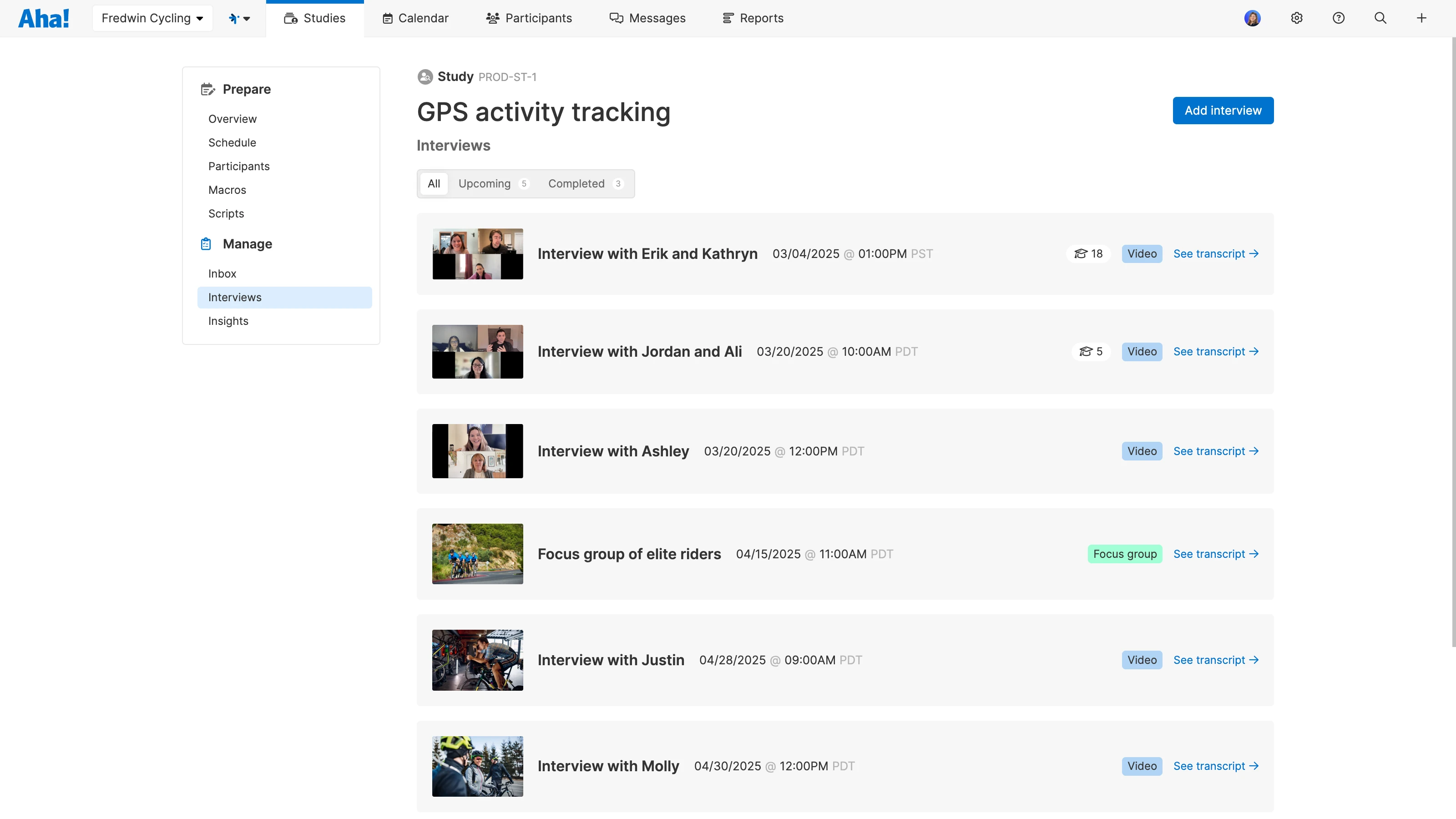 A study created in Aha! Discovery that covers GPS activity tracking interviews. Recordings from each individual interview are present.