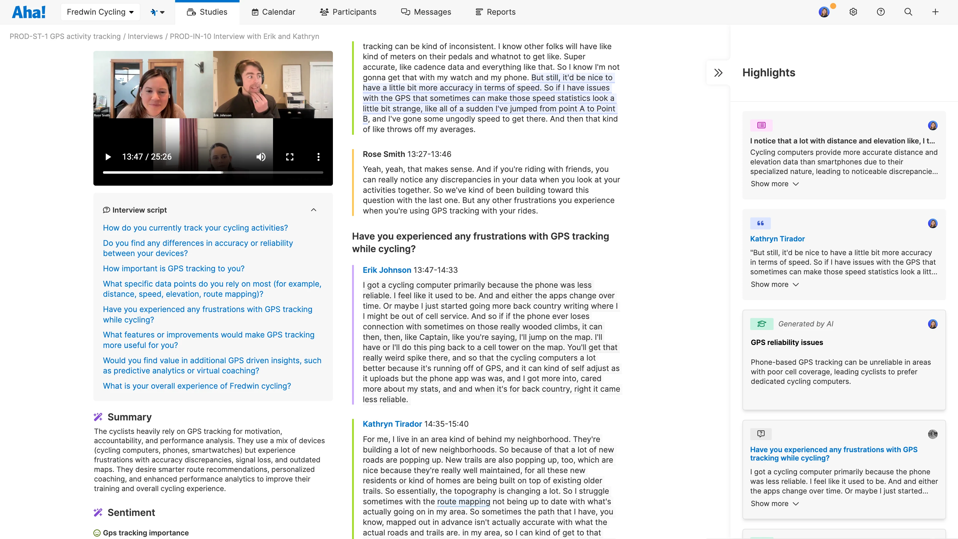 Highlight answers in customer interview transcript in Aha! Discovery