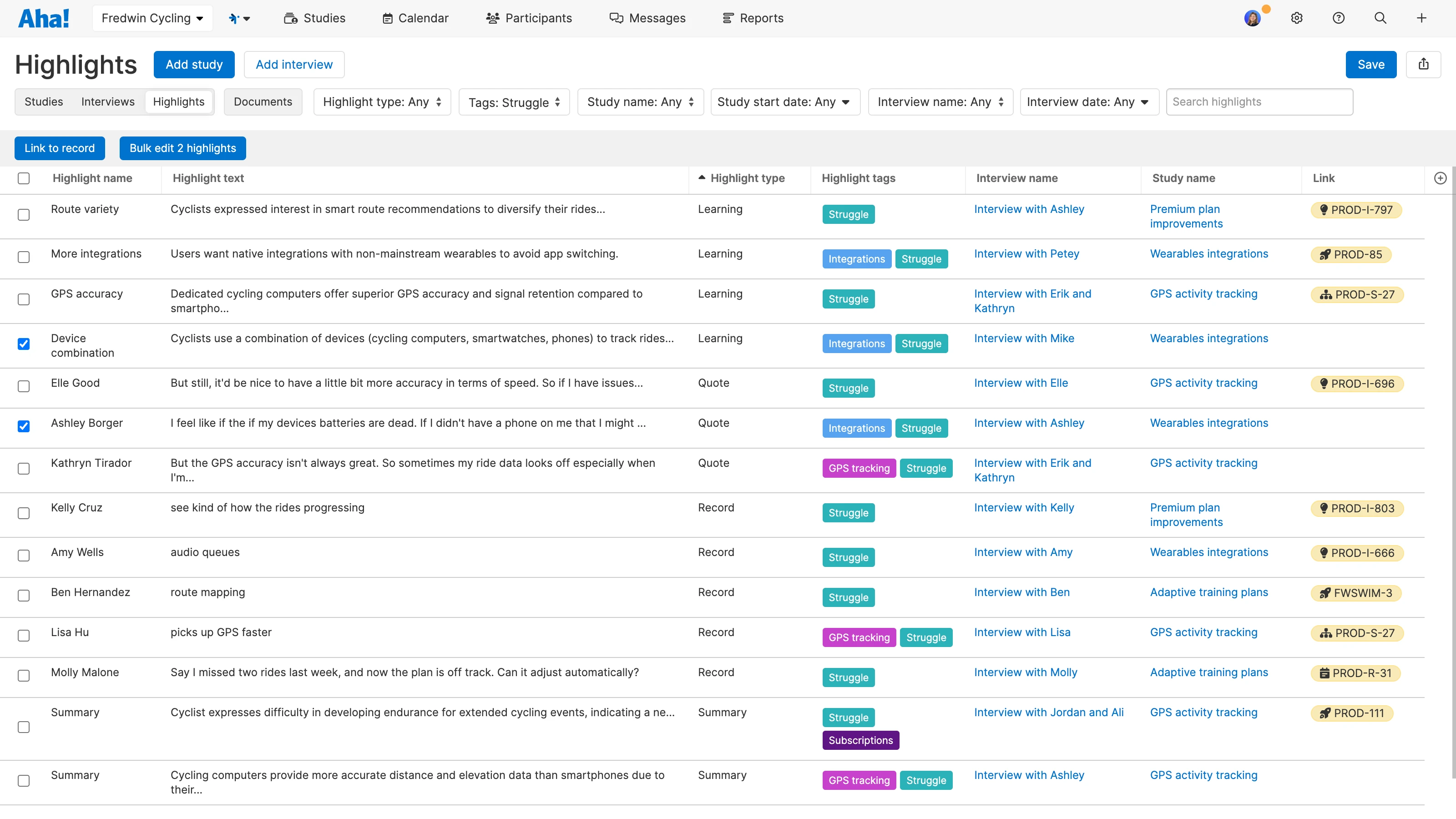 Highlights list report in Aha! Discovery