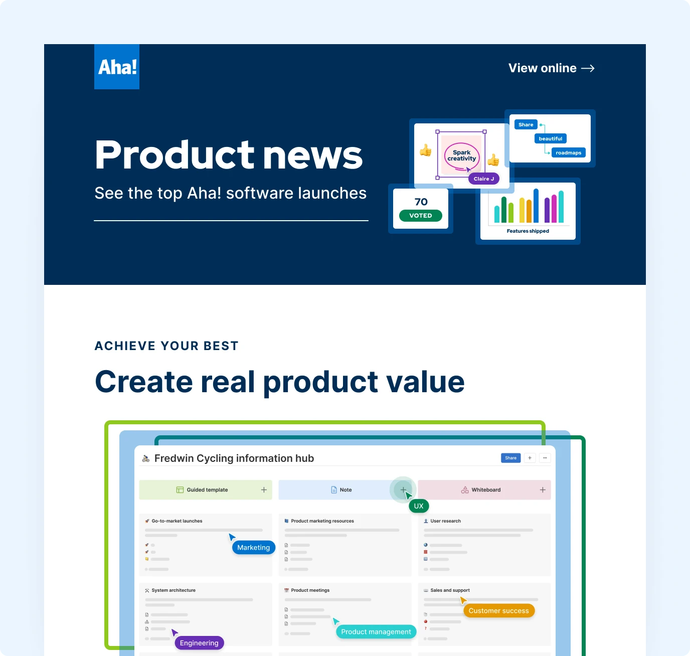 A preview of the newsletter email, reading "Product news / See the top Aha! software launches".