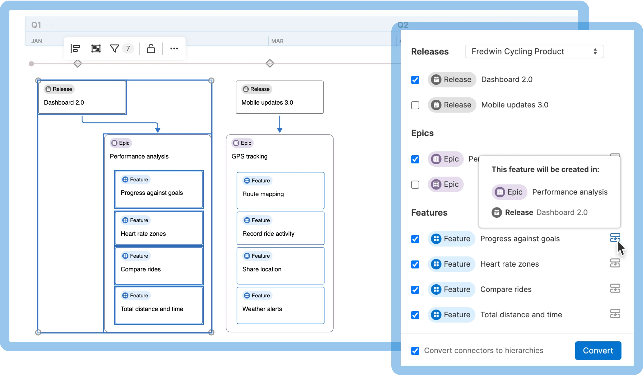 An image of Aha! shapes being converted into records in Aha! Roadmaps