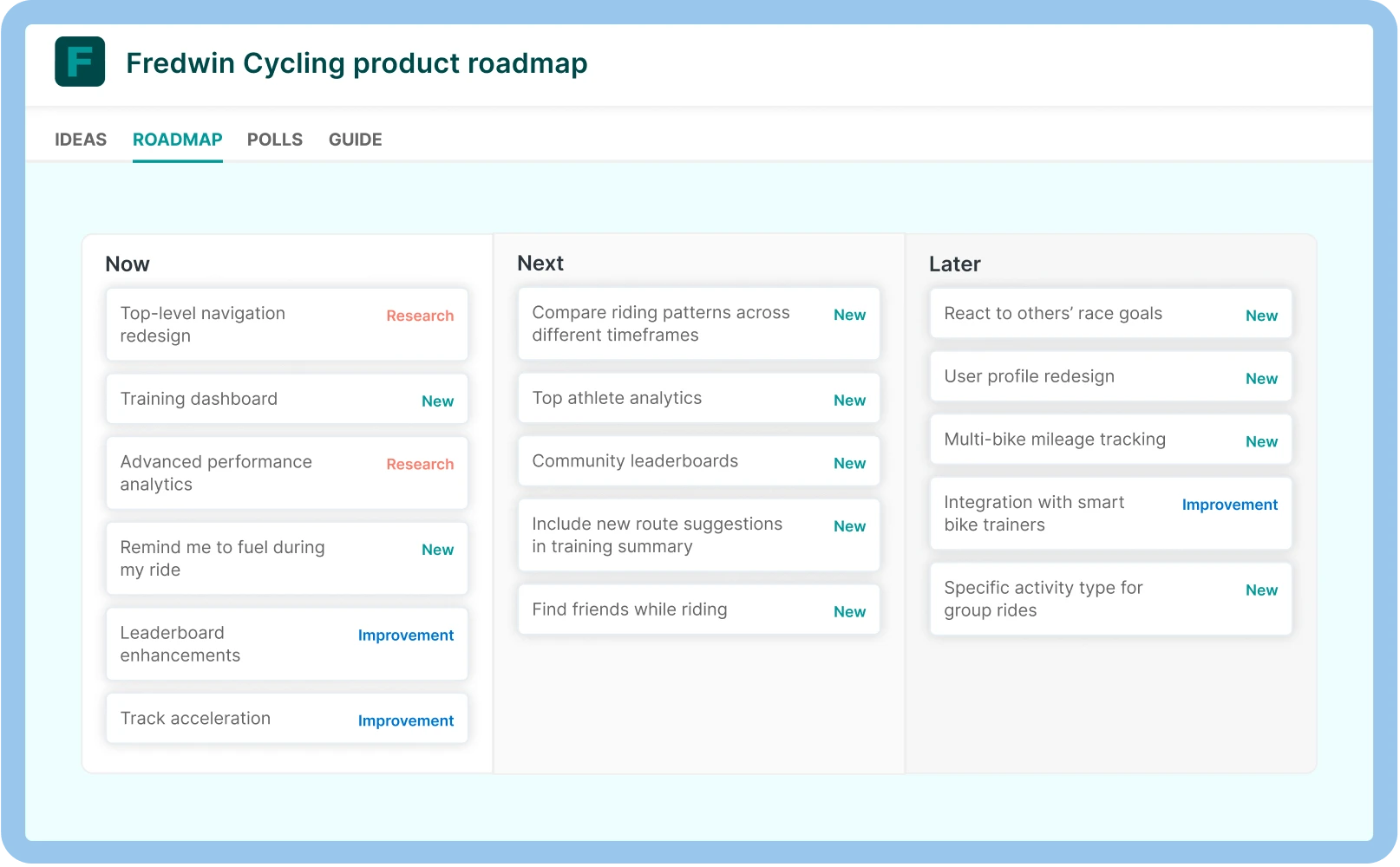 An image of a roadmap in Aha! idea management software with product roadmap presentation tool