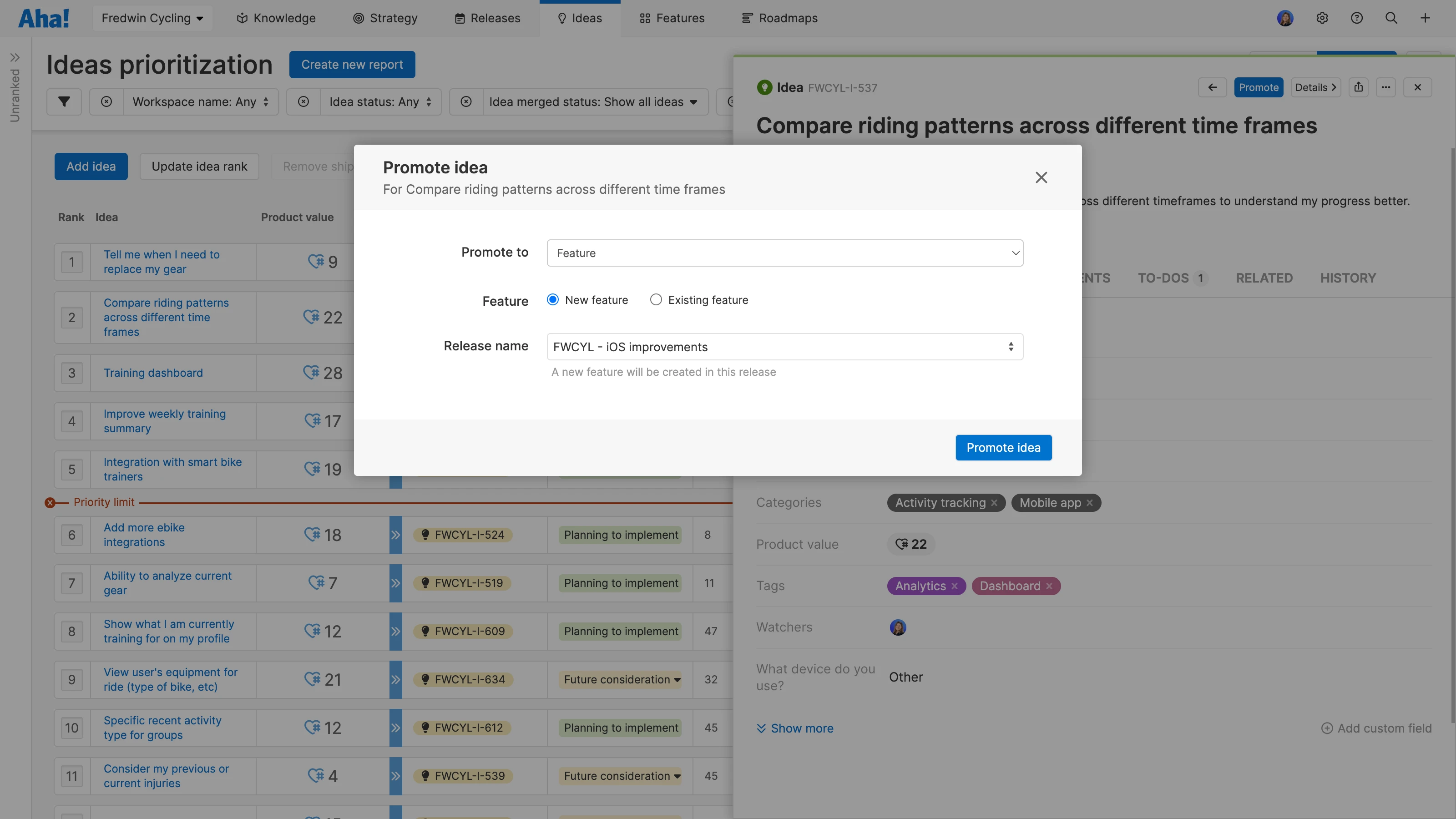 Promoting idea into feature