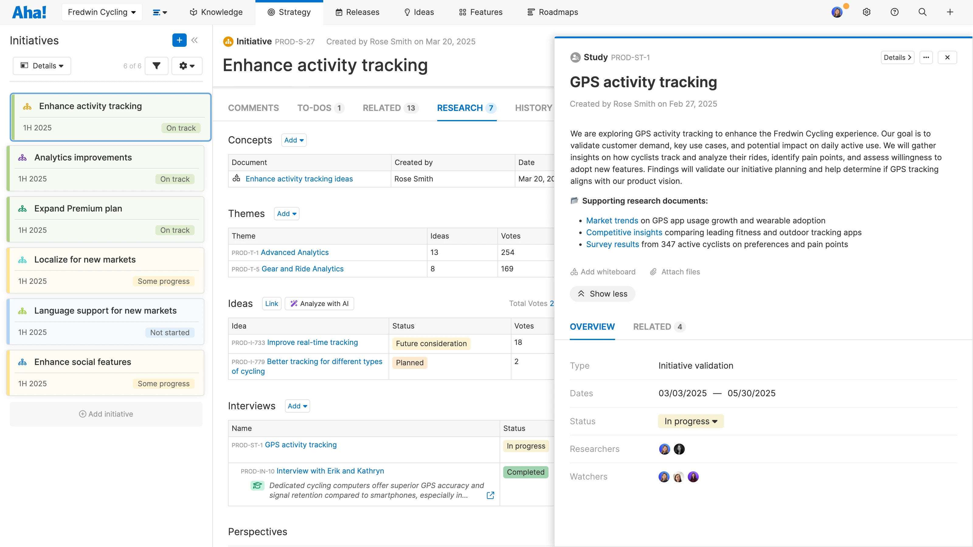 Initiative in Aha! Roadmaps with linked studies and interviews from Aha! Discovery