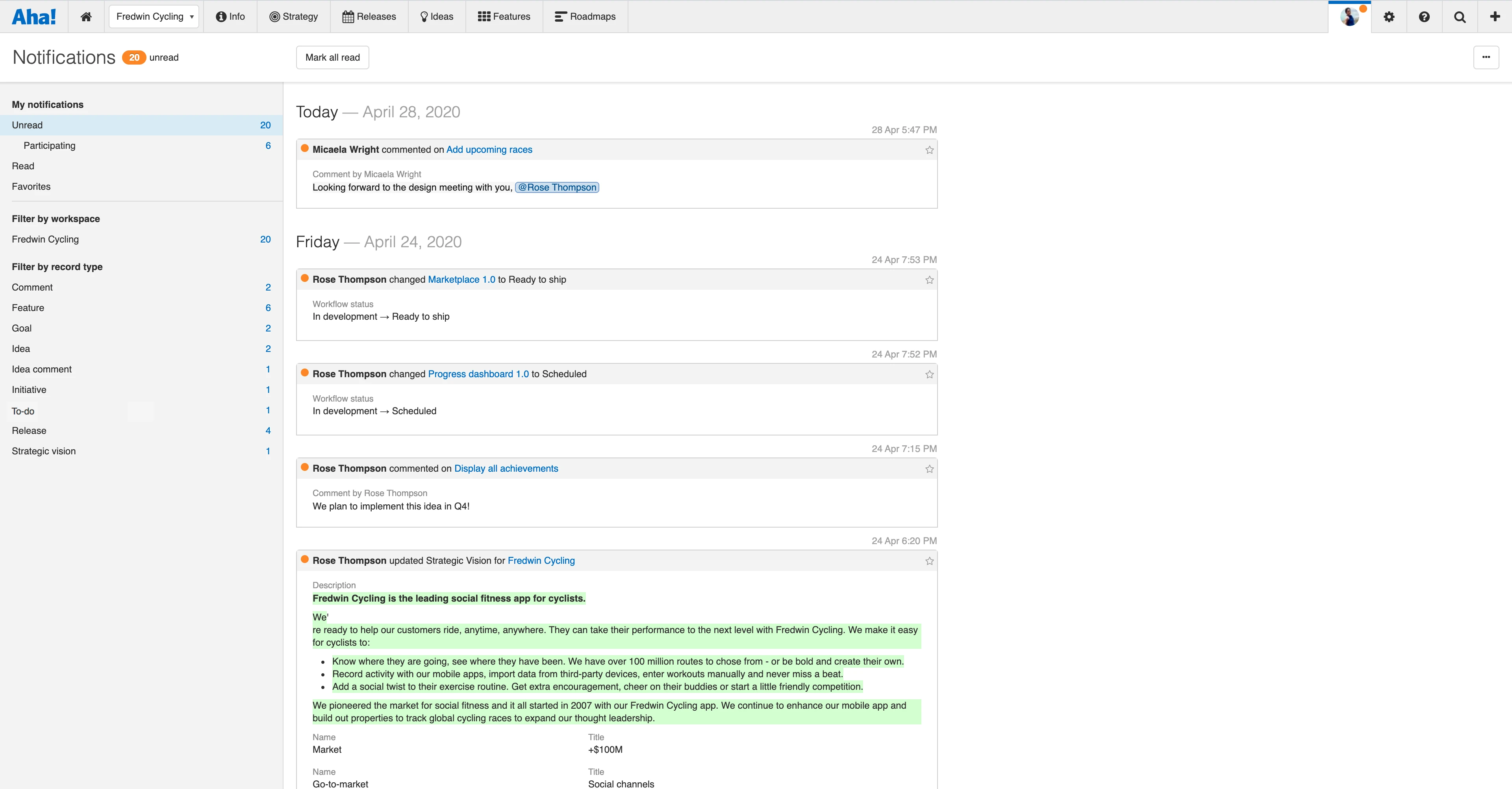 Send the same information that you see in your Aha! activity stream, including integration activity.