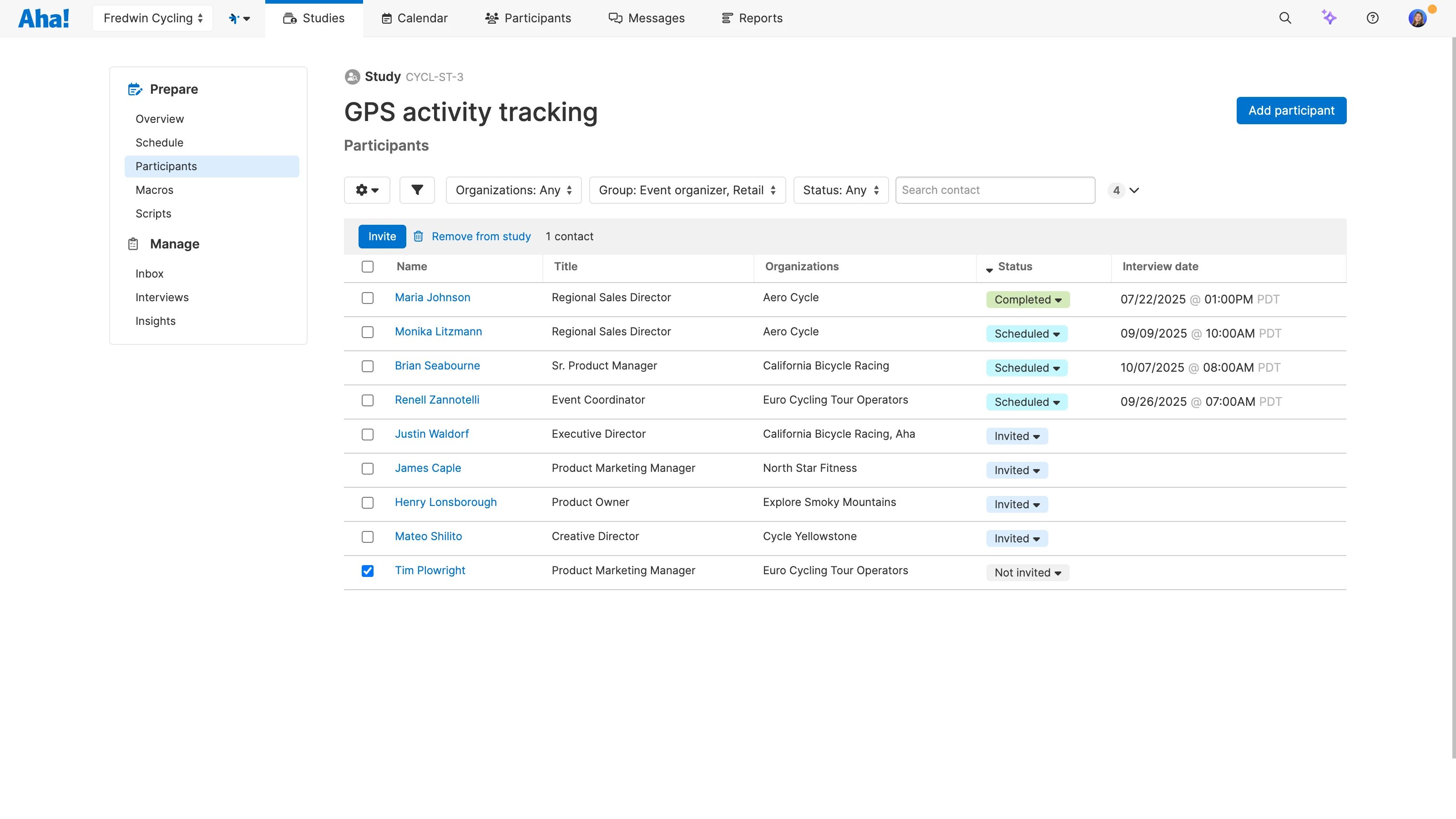 Add research participants directly from a research study in Aha! Discovery