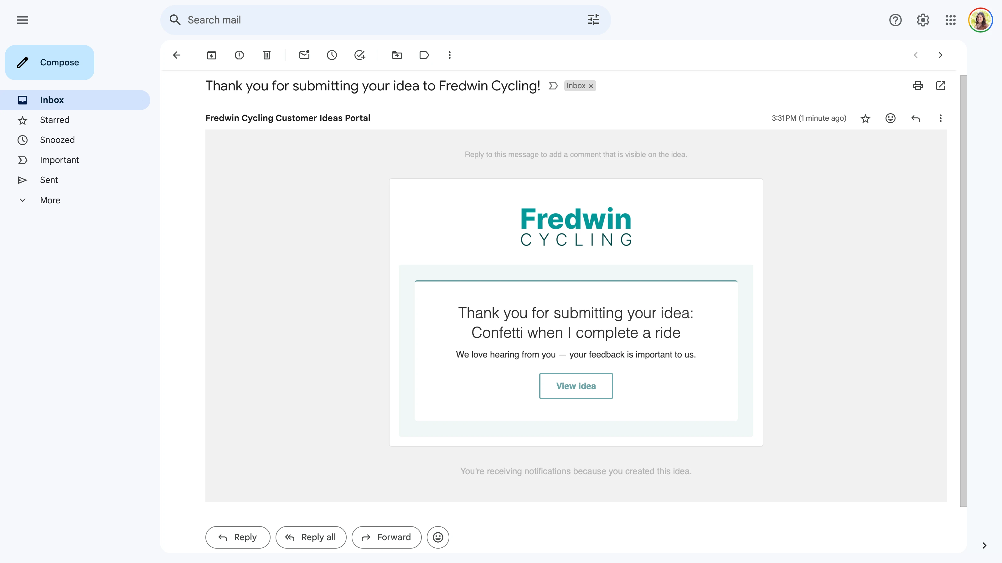 Idea submission thank you email