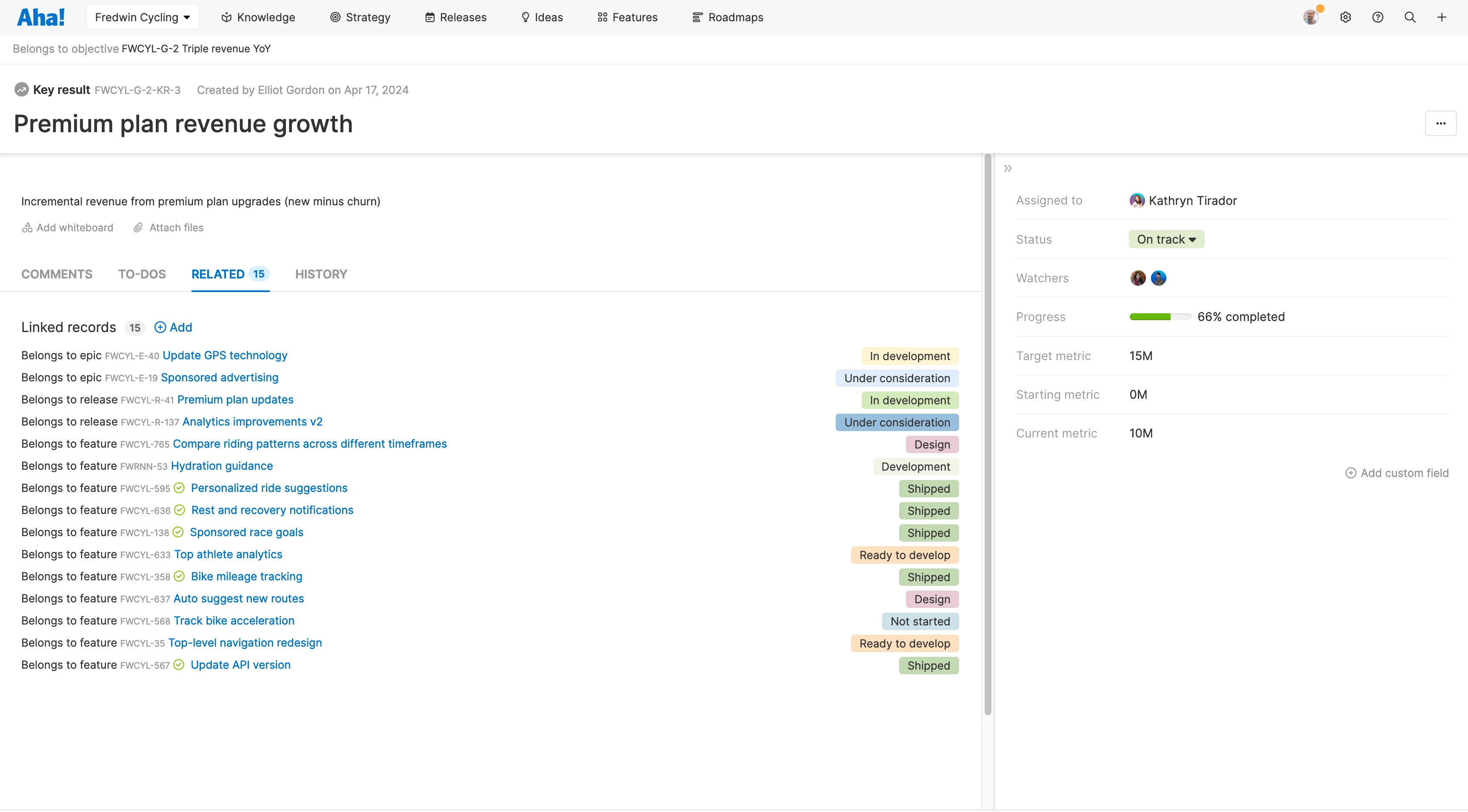 List of related records for a key result in Aha! Roadmaps