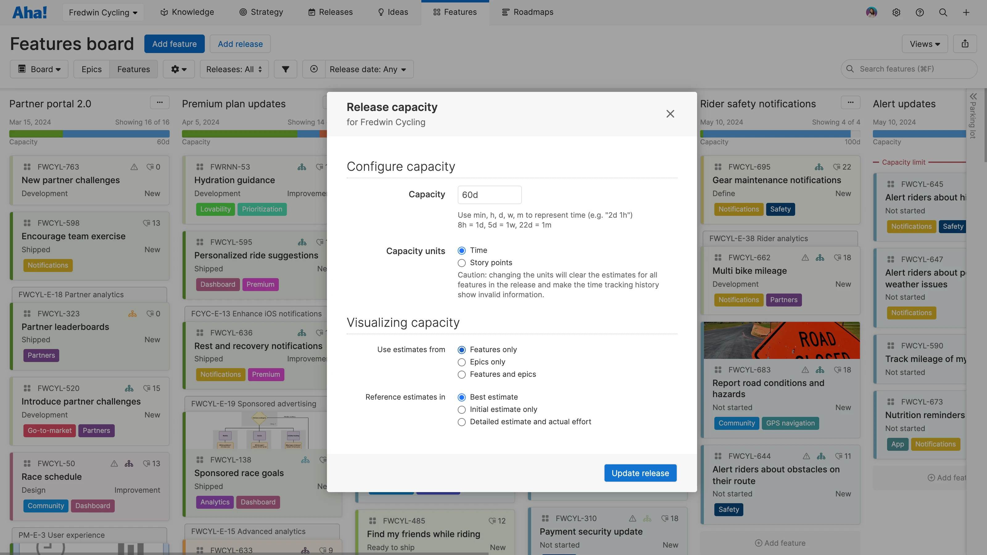 The features board with the release capacity modal in Aha! Roadmaps