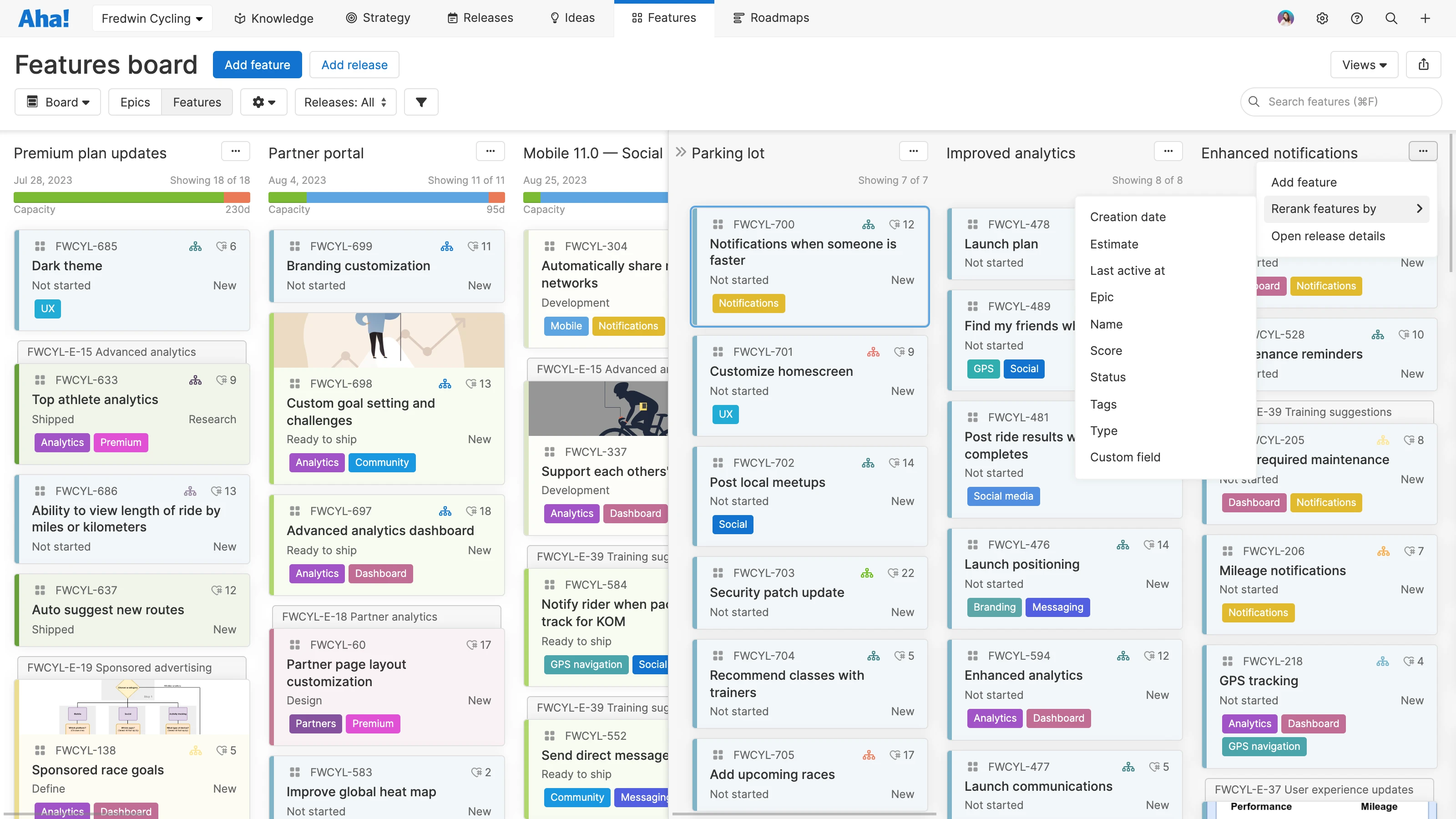 Features board with parking lot sort menu in Aha! Roadmaps