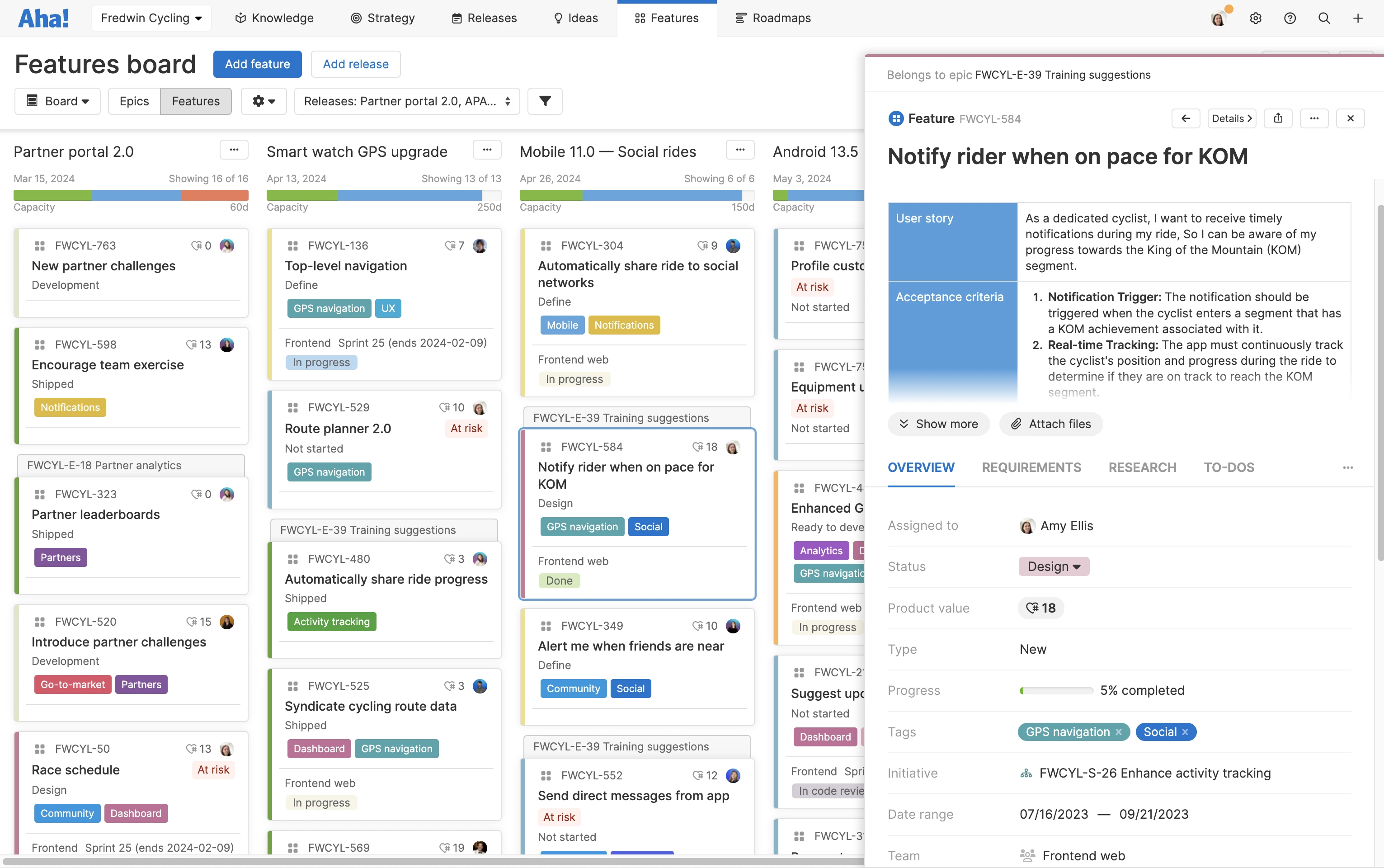 A features board on Aha! Roadmaps with an open drawer detailing one feature