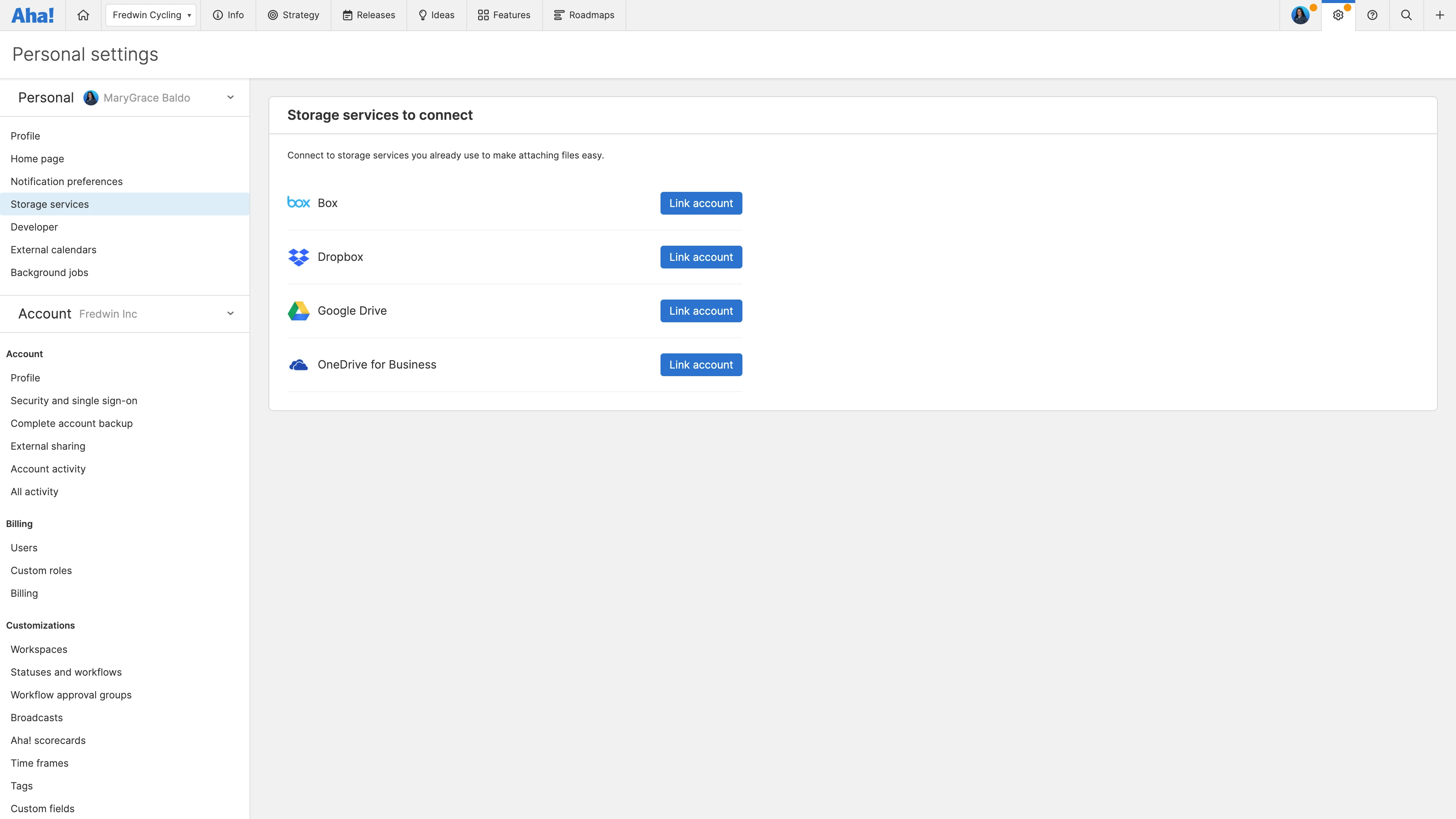 Each Aha! user will need to set up a file storage integration in their personal settings. 
