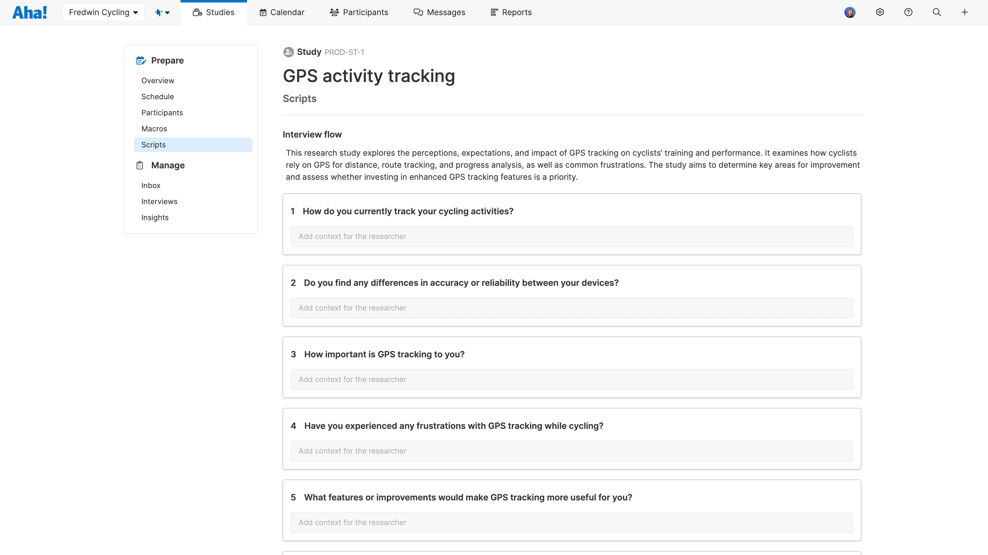 Scripts page in Aha! Discovery study