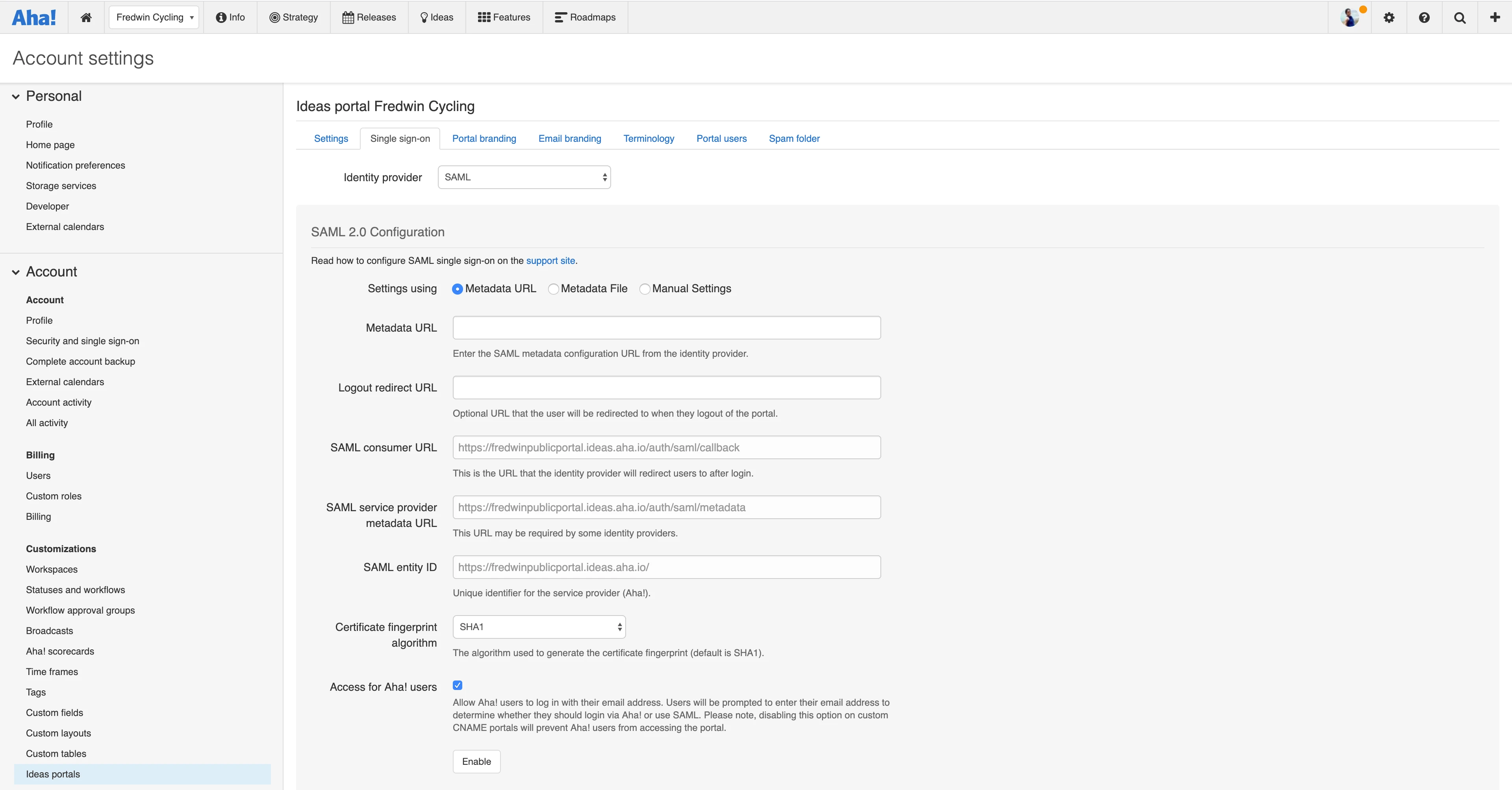 Configure single sign-on in your ideas portal. 