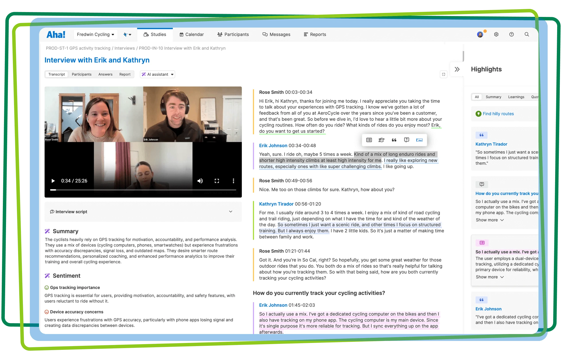 AI-powered transcript analysis of a customer interview in Aha! Discovery