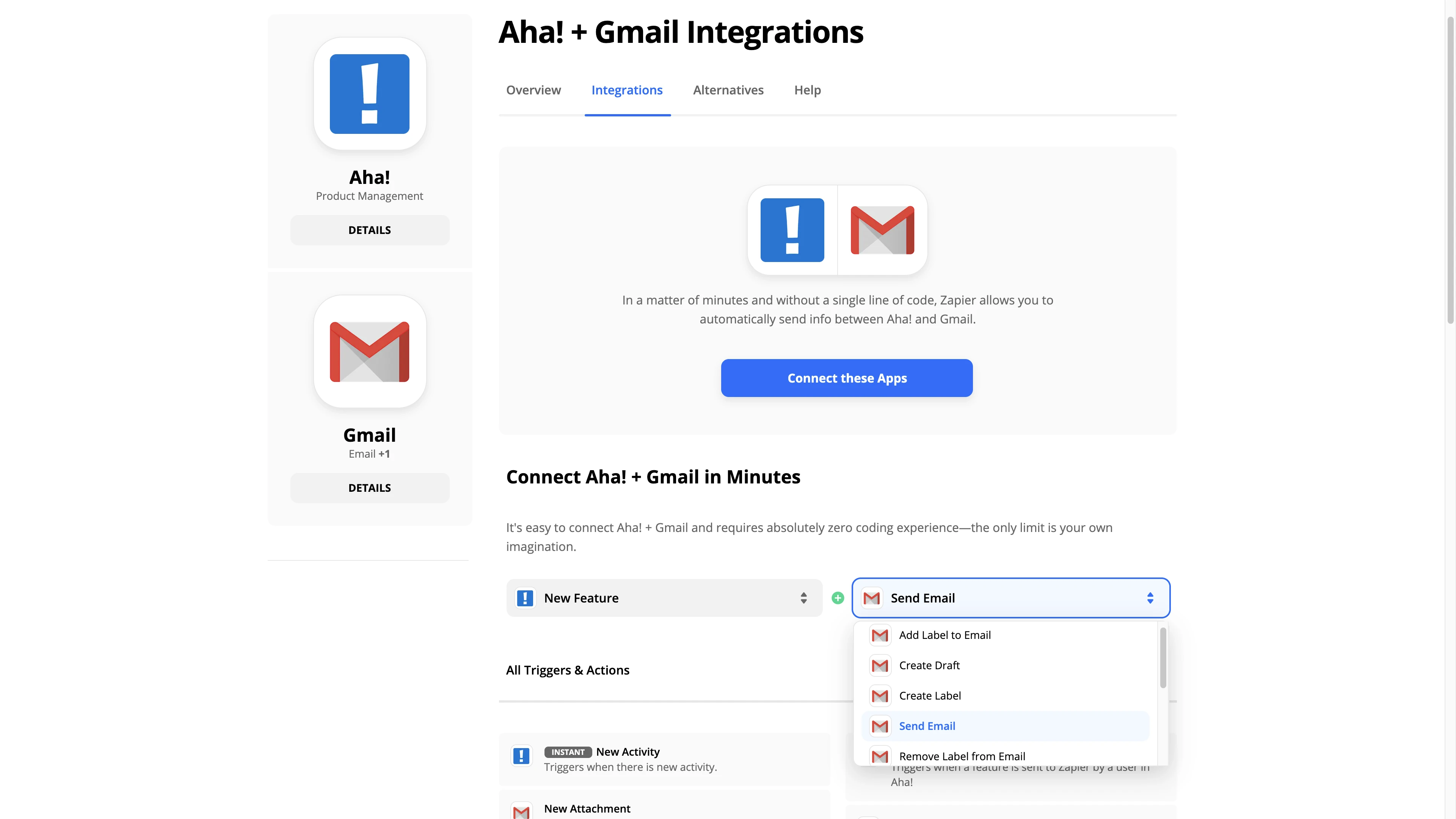 Set a trigger and an action to automate workflows between Aha! and other web applications