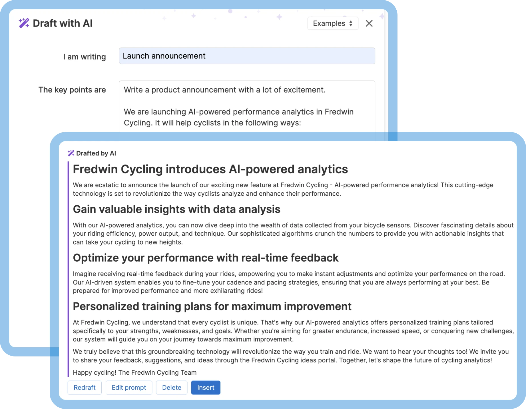 An image of the built-in AI writing assistant in Aha! product documentation software