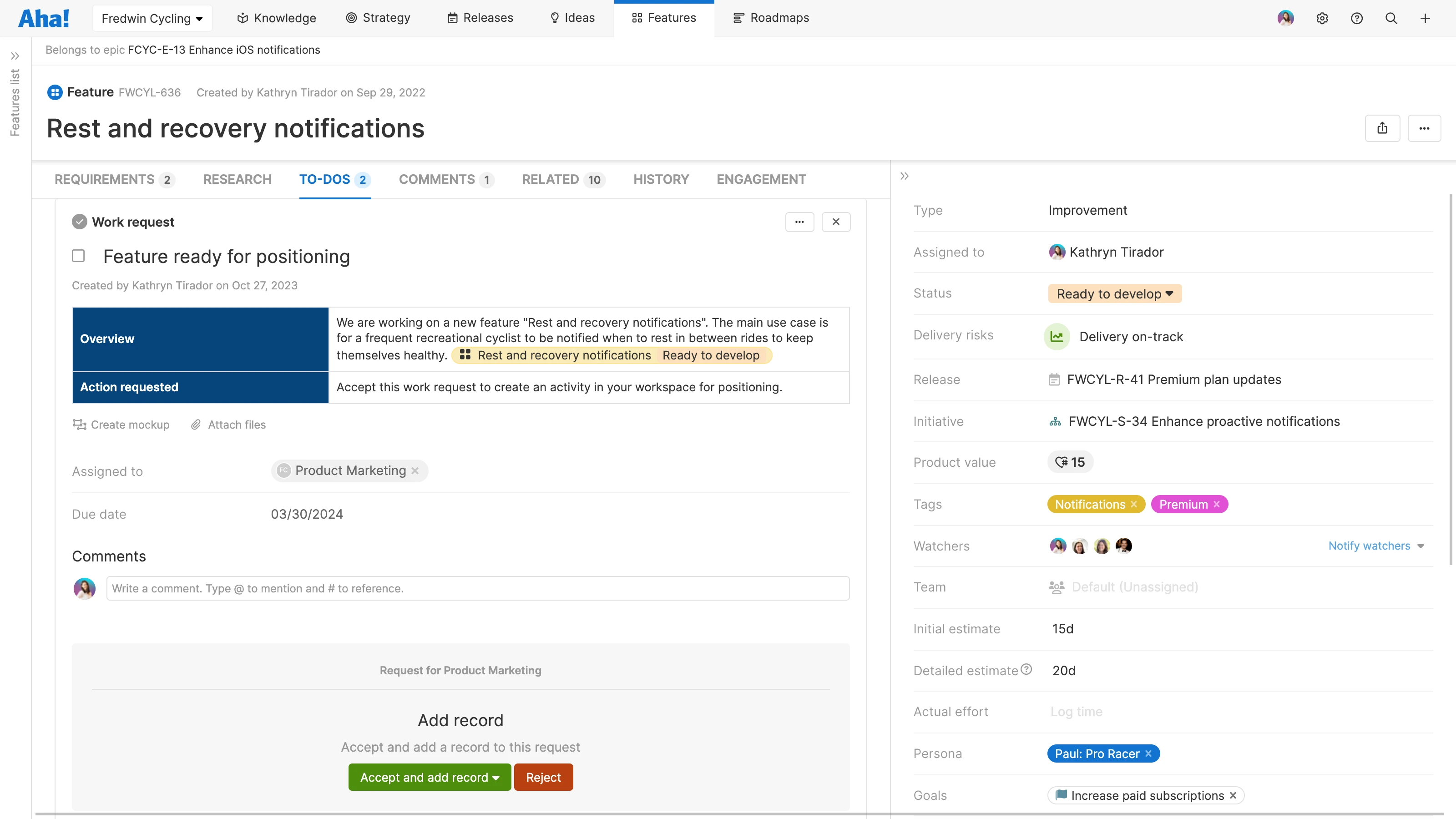 Work request in Aha! Roadmaps
